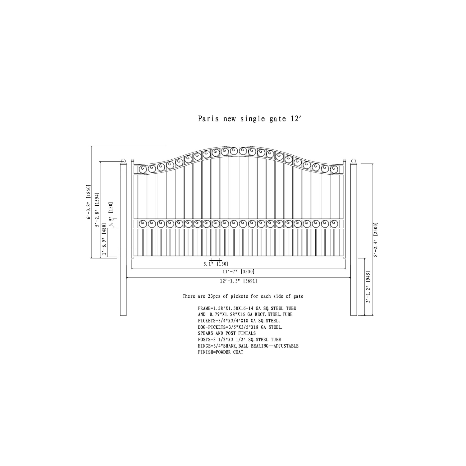 ALEKO DG12PARSSW Paris Style Iron Single Swing Driveway Gate 12'