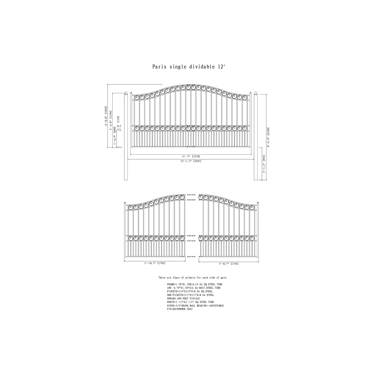 ALEKO DG12PARSSW Paris Style Iron Single Swing Driveway Gate 12'