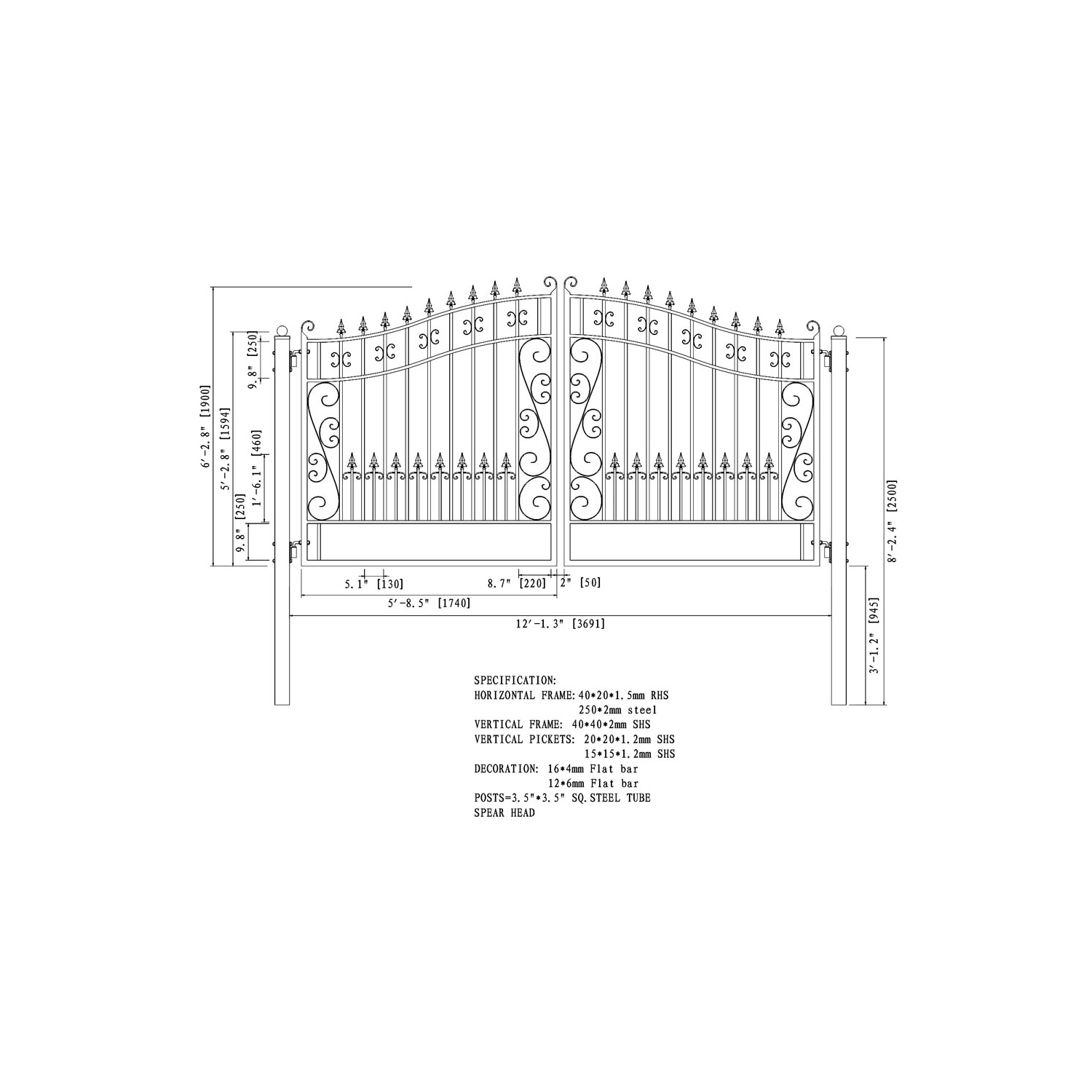 ALEKO DG12VEND Venice Style Iron Dual Swing Driveway Gate 12'