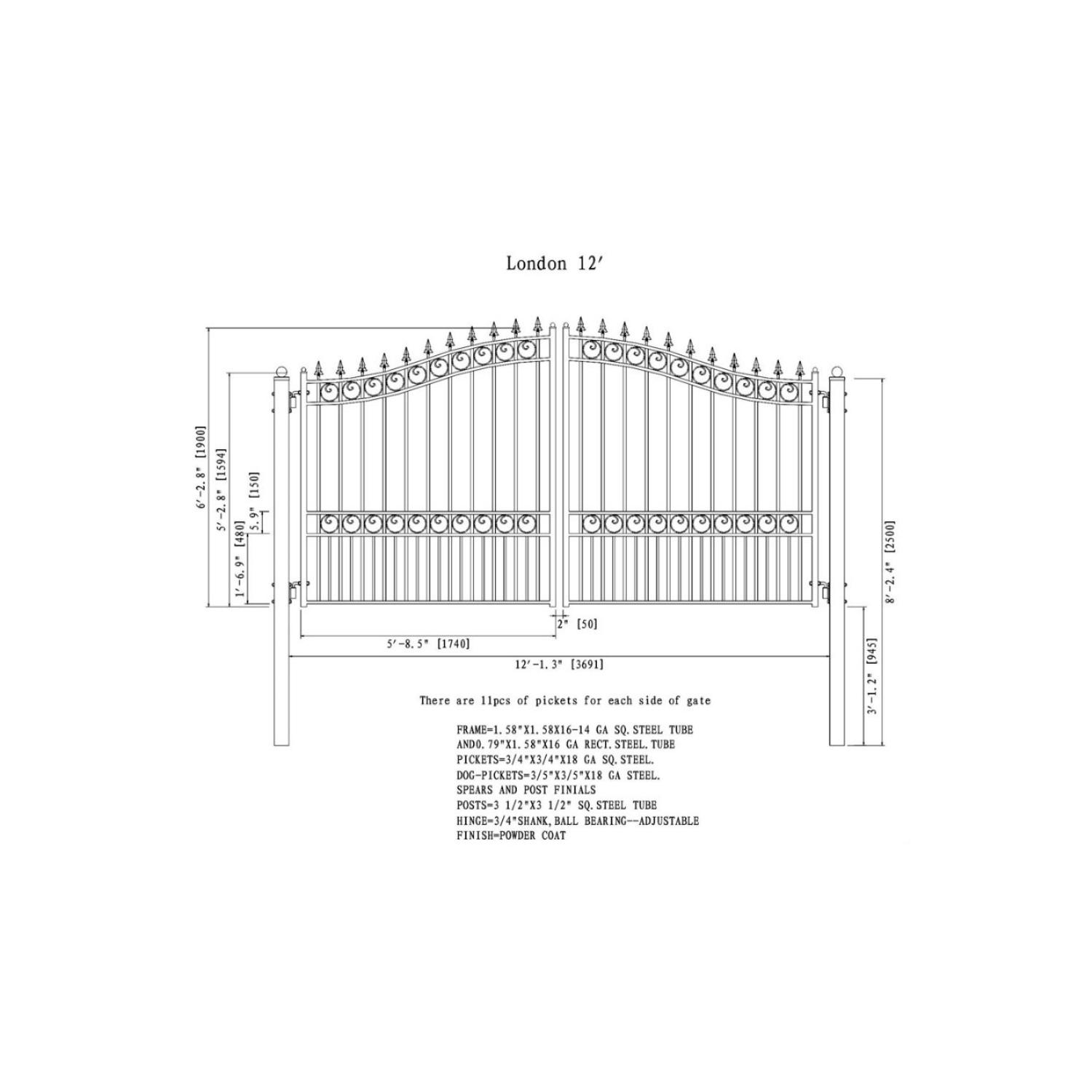 ALEKO DG12LOND London Style Iron Gate 12' Dual Swing Driveway Gate