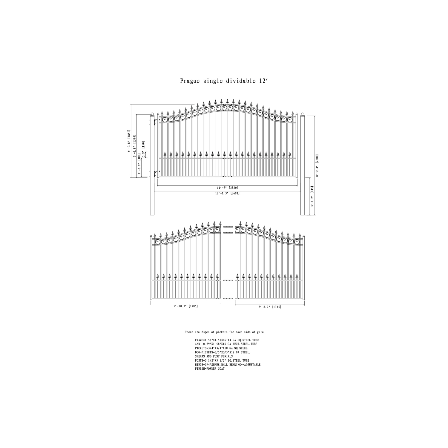 ALEKO DG12PRASSW Prague Style Iron Wrought Single Swing Driveway Gate 12'