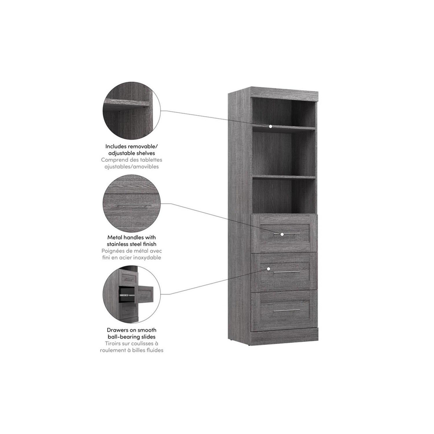 Pur 25” Storage Unit with 3 Drawers - Bark Grey