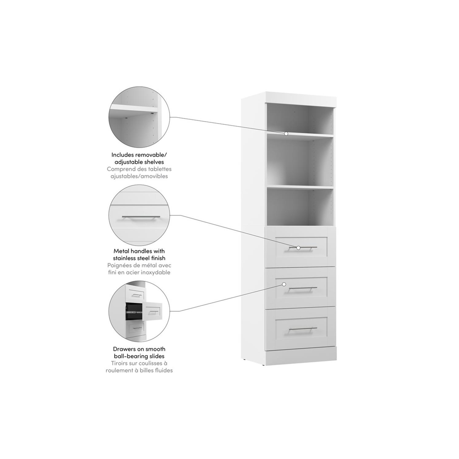 Pur 25” Storage Unit with 3 Drawers - White