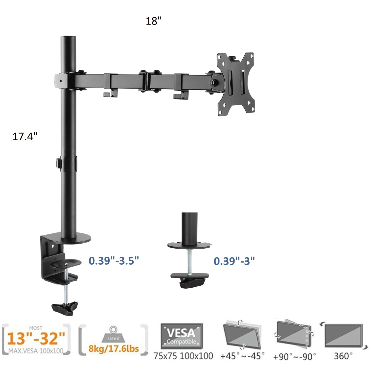Support de bureau pour moniteur ACL Uplite avec bras articulé entièrement réglable pour 1 écran jusqu’à 32 po