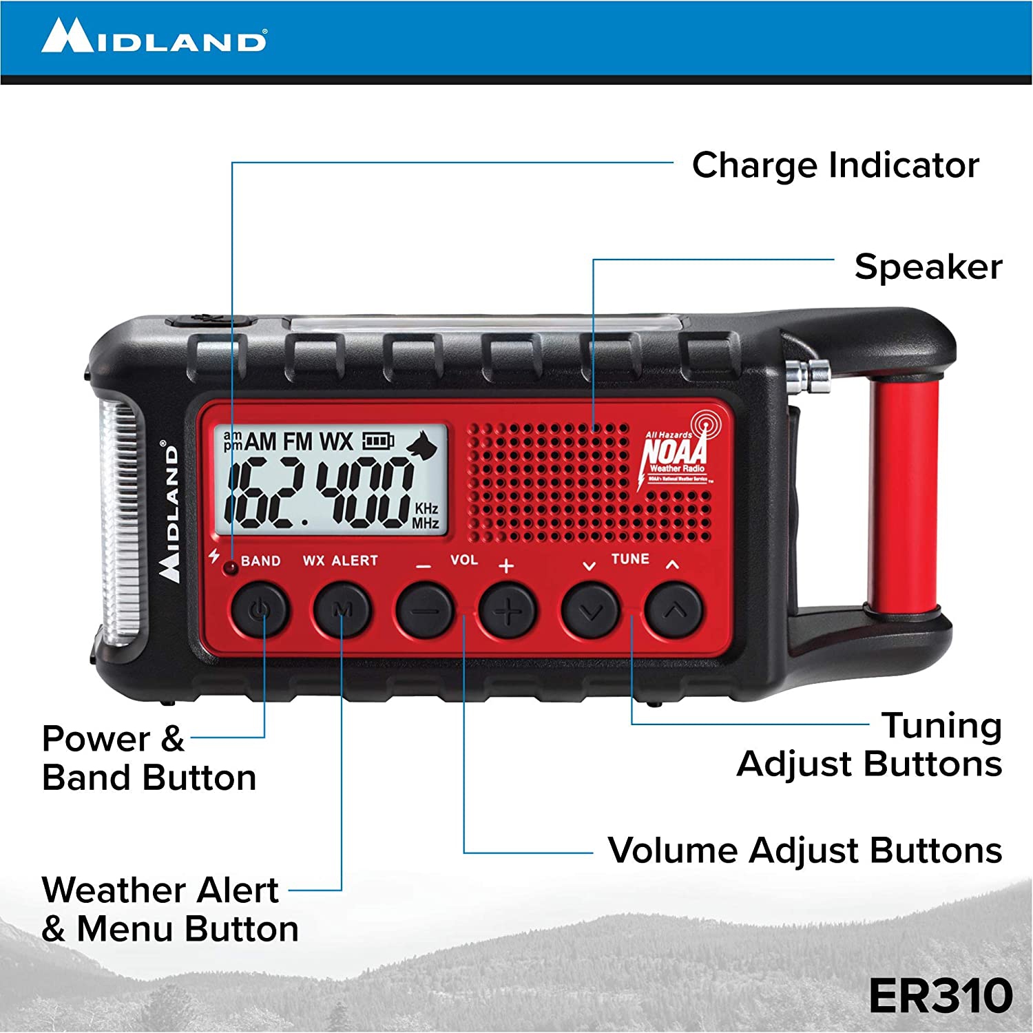 Midland ER310 Emergency Solar Hand Crank AM FM Digital Weather Radio with Cree LED Flashlight and USB Charger Output