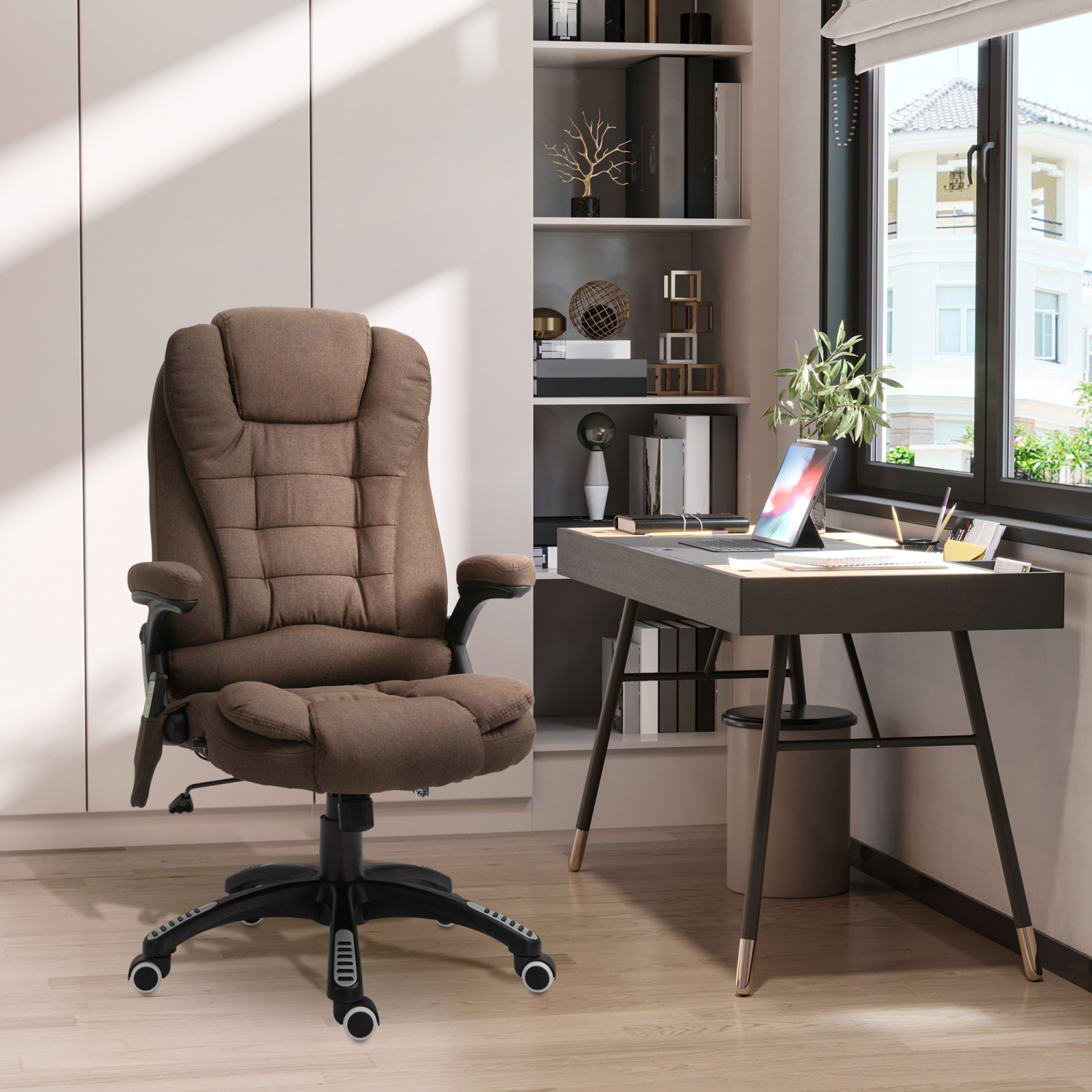Vinsetto Massage Office Chair with with 6-Point Vibration, Linen Reclining Executive Office Chair with High Back, Swivel Wheels, Brown