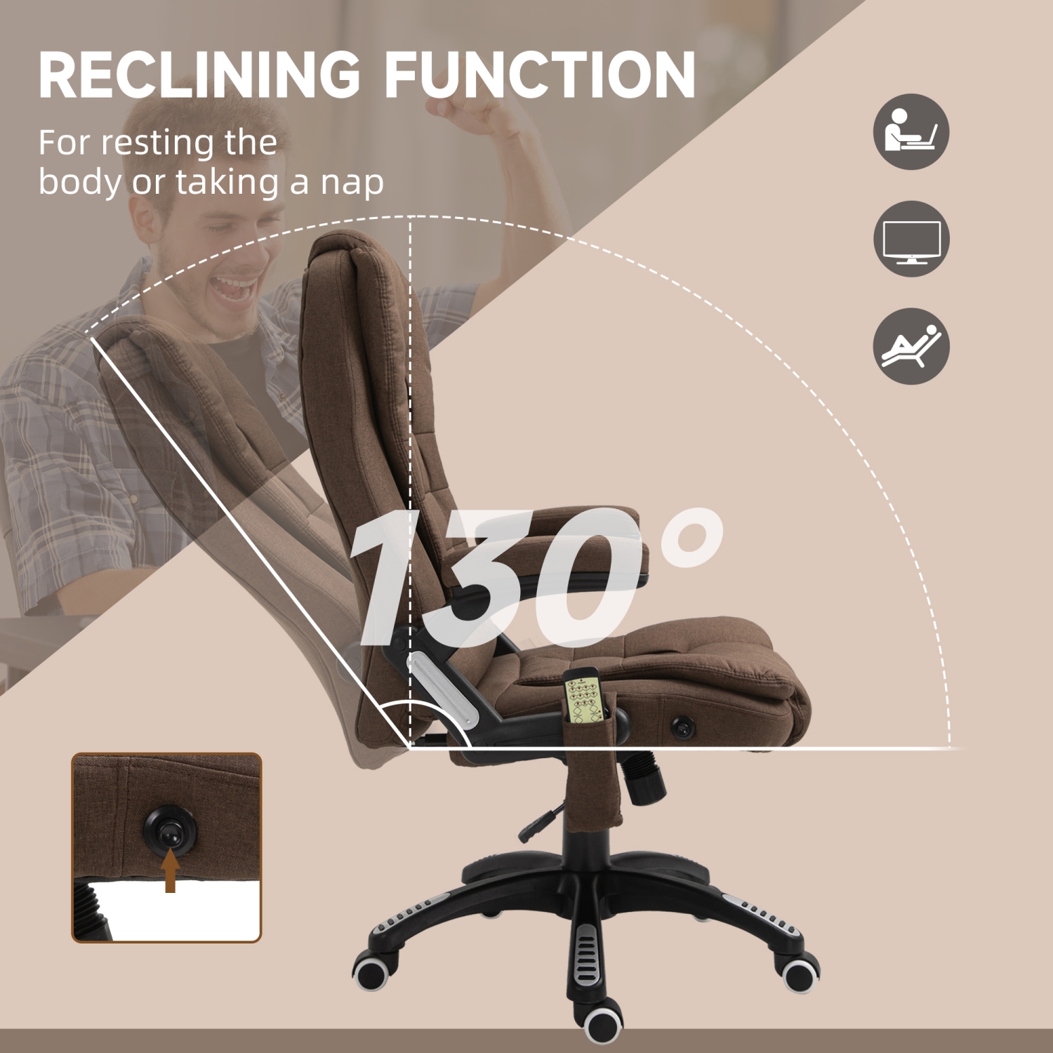 Vinsetto Massage Office Chair with with 6-Point Vibration, Linen Reclining Executive Office Chair with High Back, Swivel Wheels, Brown