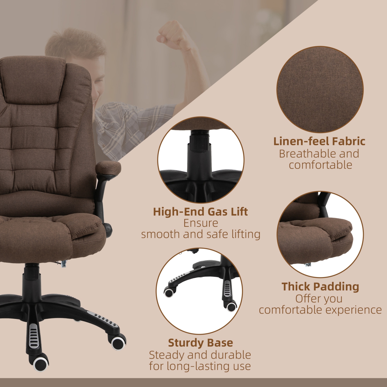 Vinsetto Massage Office Chair with with 6-Point Vibration, Linen Reclining Executive Office Chair with High Back, Swivel Wheels, Brown