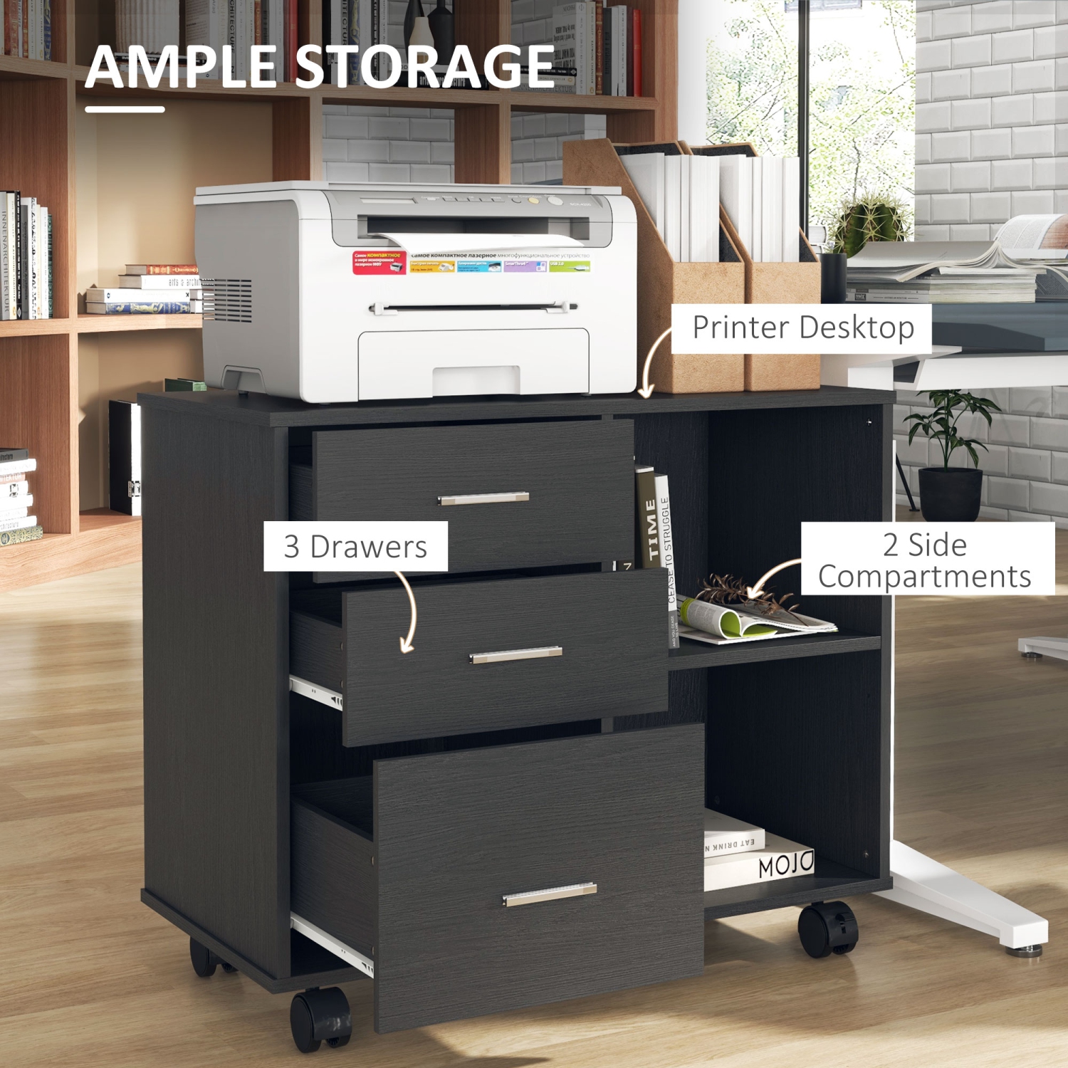 HOMCOM – Classeur latéral moderne, classeur à 3 tiroirs pour documents de format lettre et A4, mobile, support pour imprimante avec tablettes