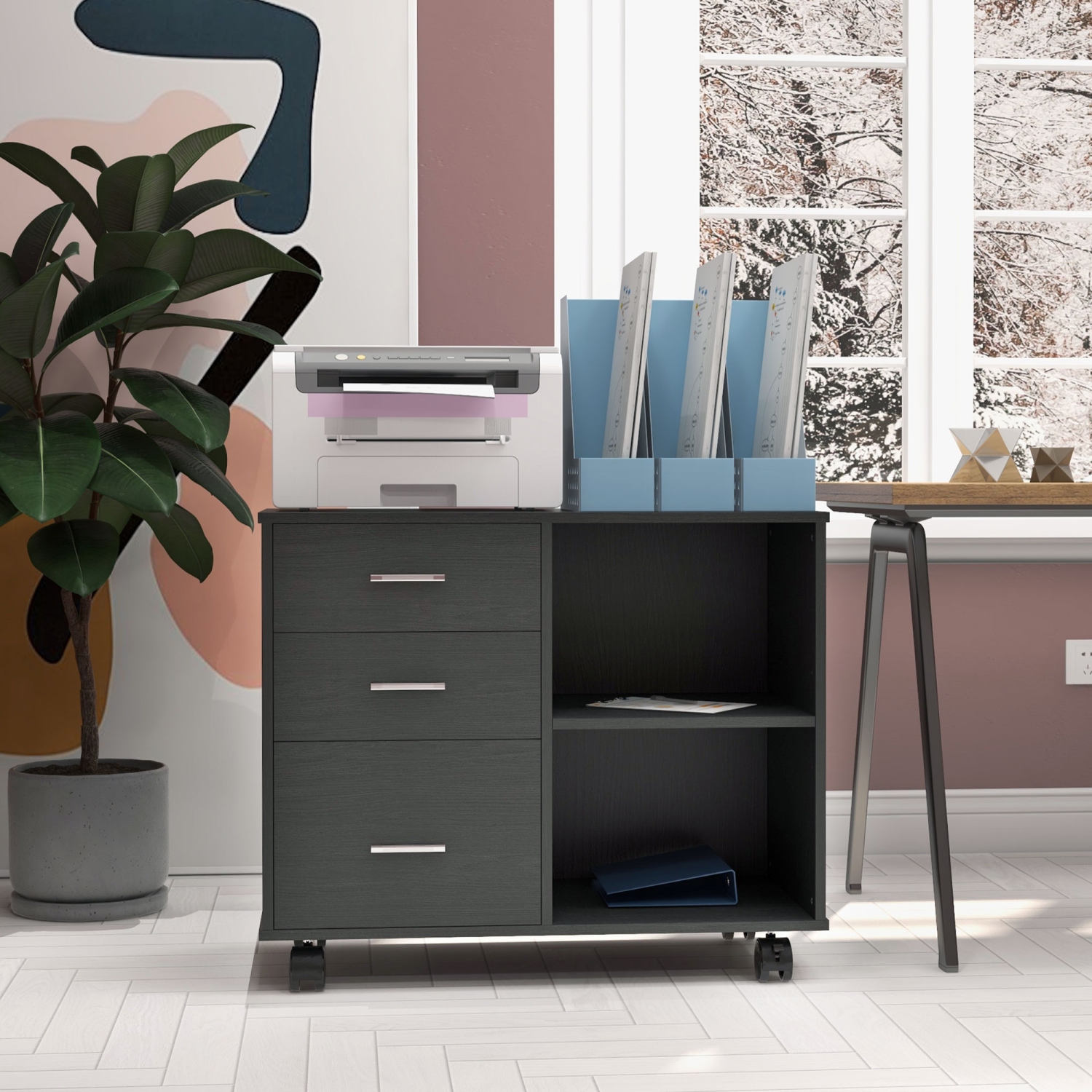 HOMCOM – Classeur latéral moderne, classeur à 3 tiroirs pour documents de format lettre et A4, mobile, support pour imprimante avec tablettes