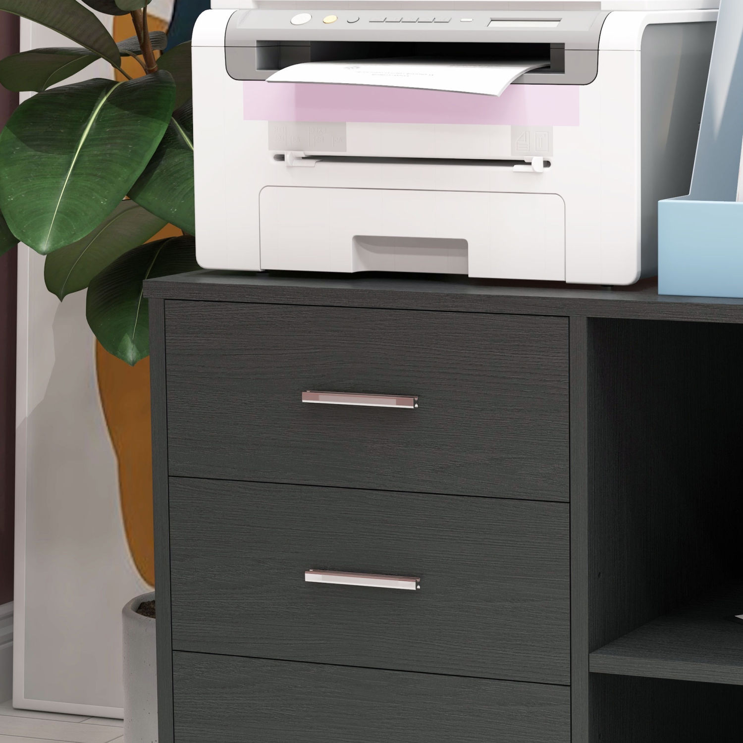 HOMCOM – Classeur latéral moderne, classeur à 3 tiroirs pour documents de format lettre et A4, mobile, support pour imprimante avec tablettes