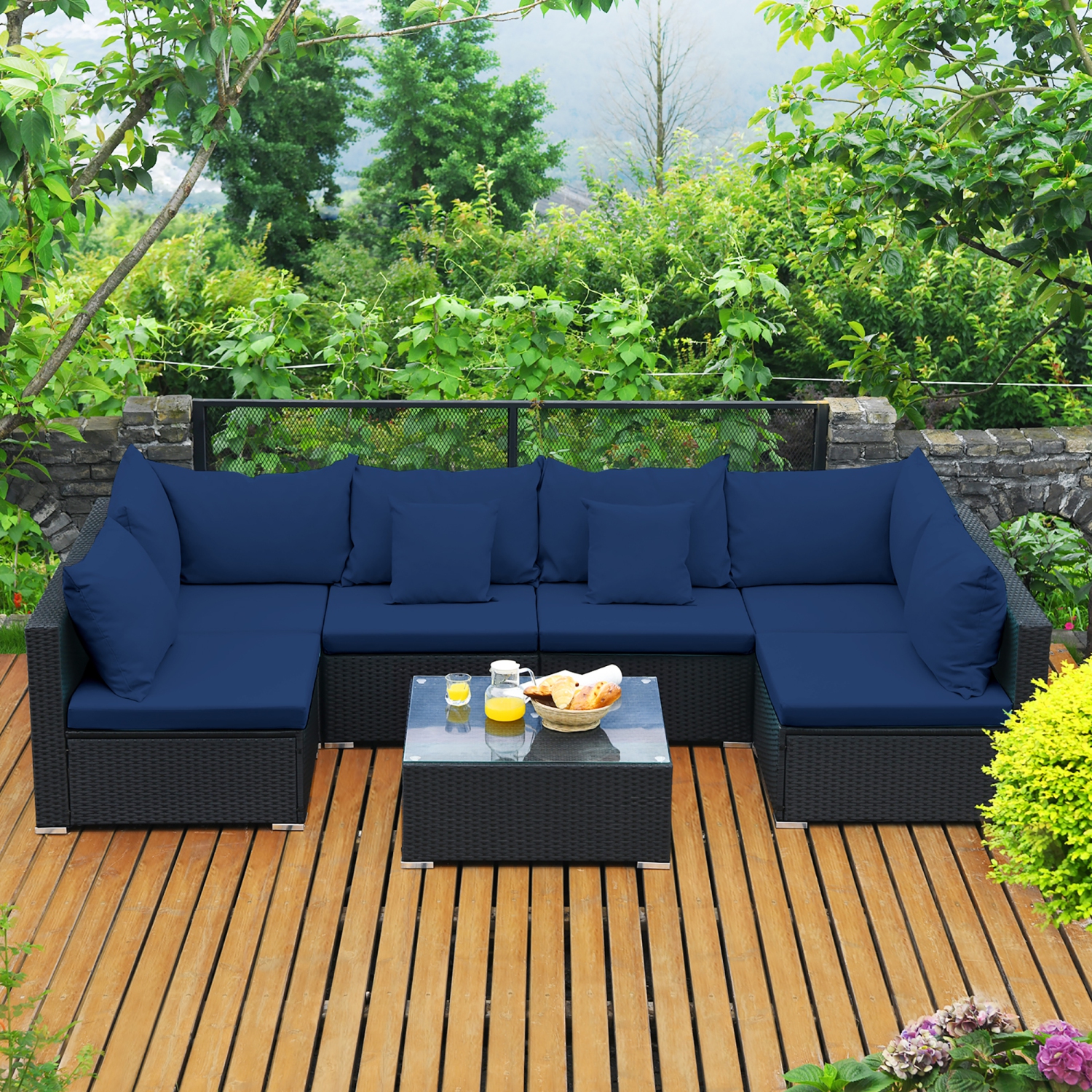 Costway 7-Piece Rattan Patio Sofa Sectional Set / Conversation Set with Glass Coffee Table - Blue