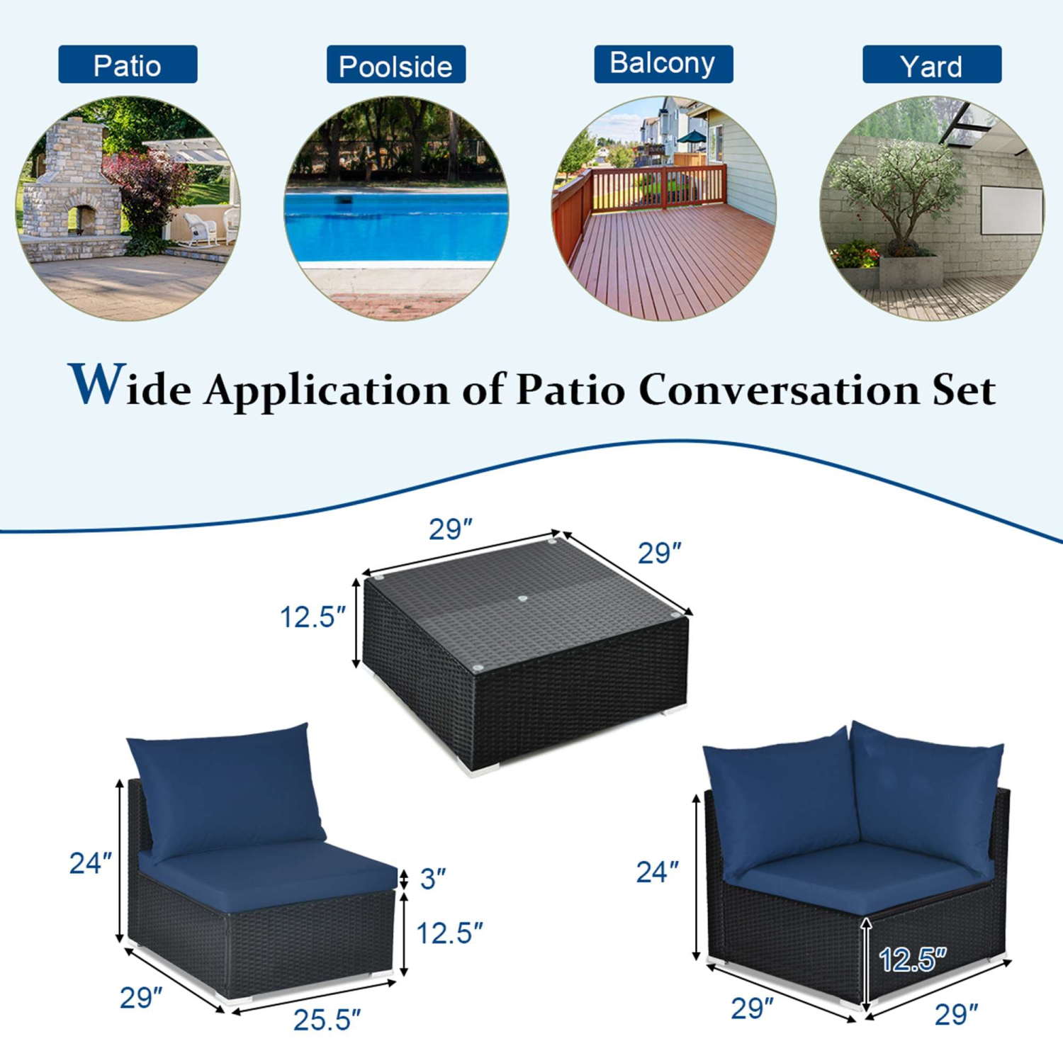 Costway 7-Piece Rattan Patio Sofa Sectional Set / Conversation Set with Glass Coffee Table - Blue