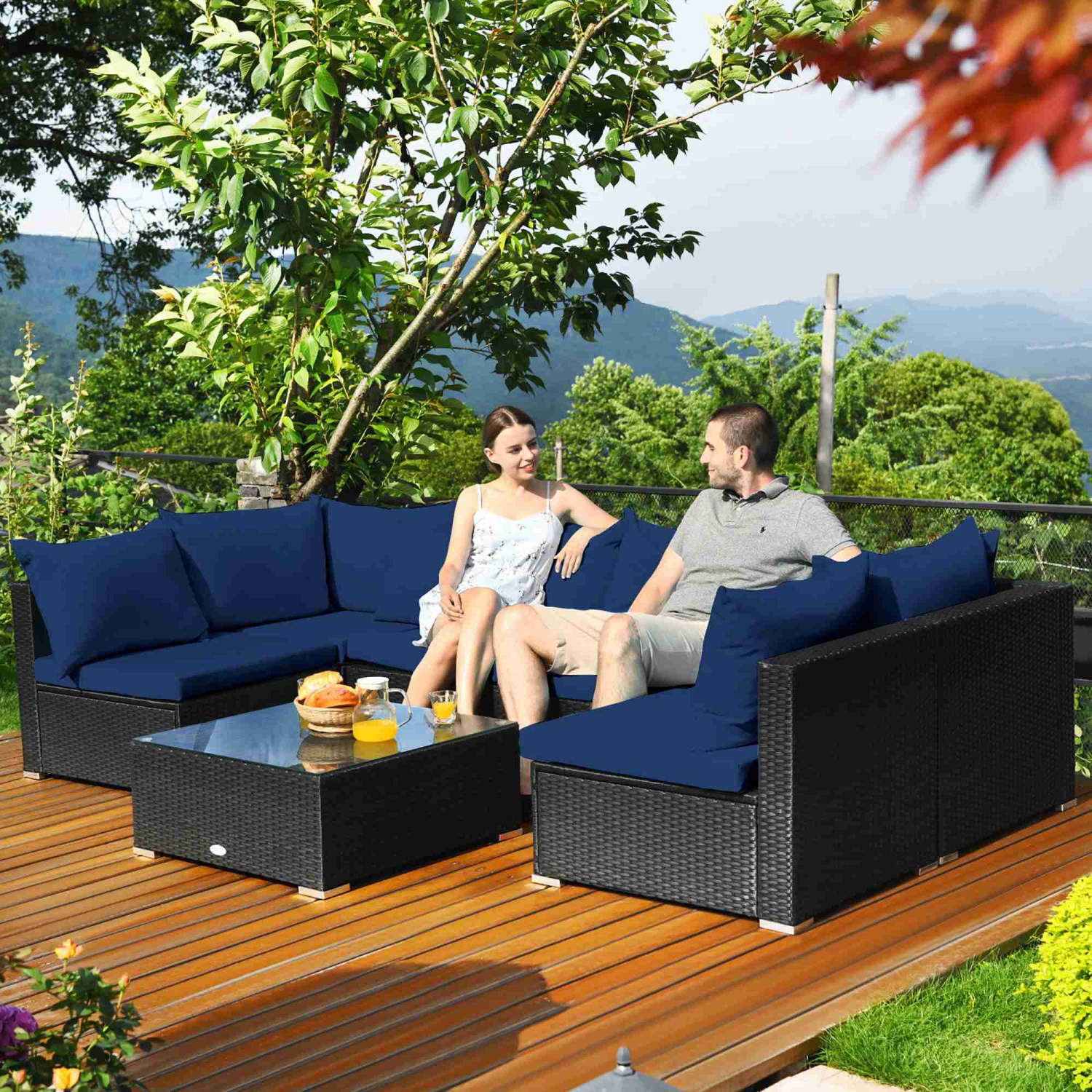 Costway 7-Piece Rattan Patio Sofa Sectional Set / Conversation Set with Glass Coffee Table - Blue
