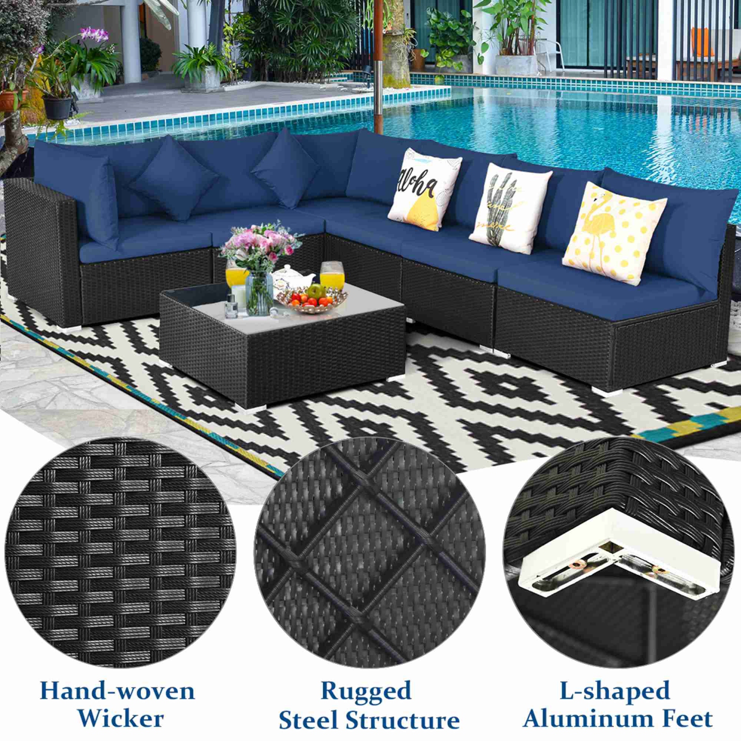 Costway 7-Piece Rattan Patio Sofa Sectional Set / Conversation Set with Glass Coffee Table - Blue
