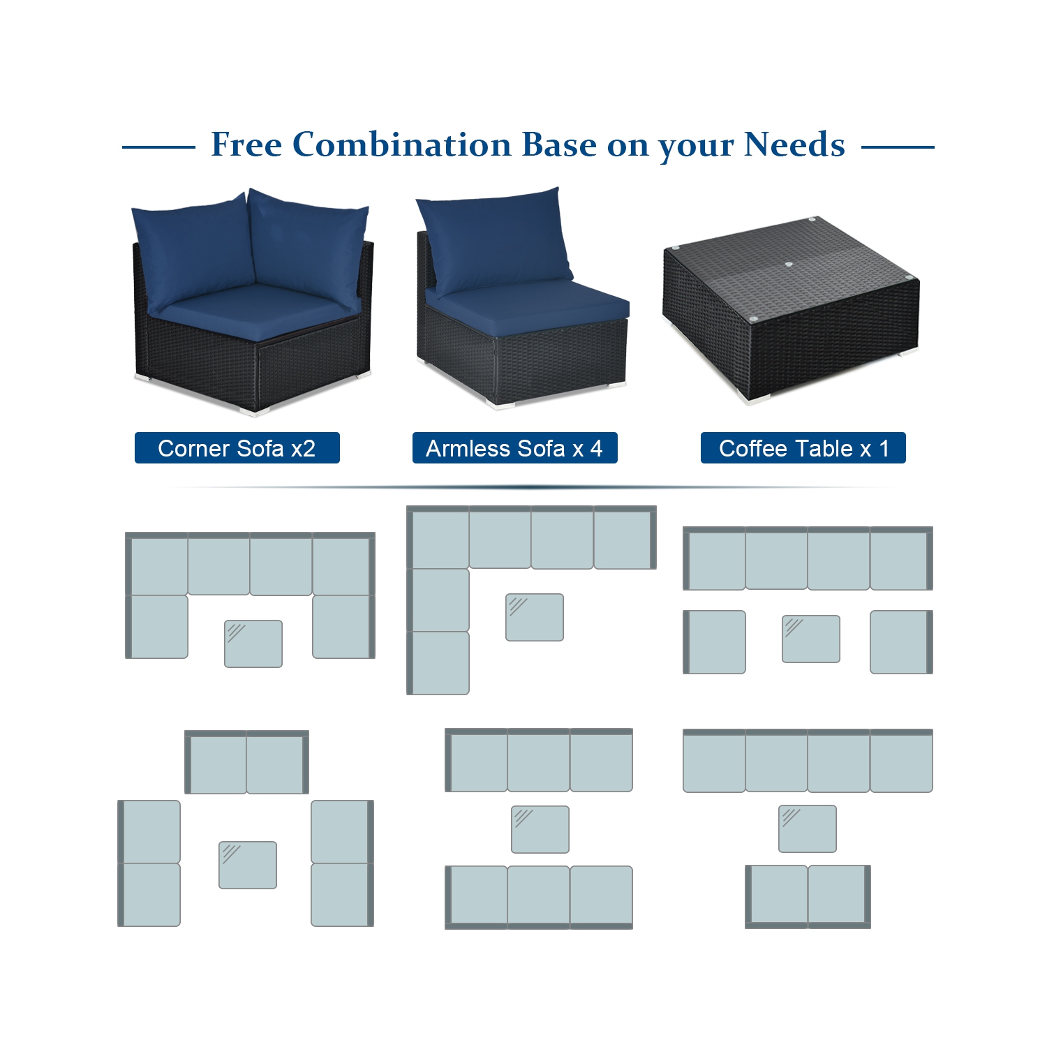 Costway 7-Piece Rattan Patio Sofa Sectional Set / Conversation Set with Glass Coffee Table - Blue