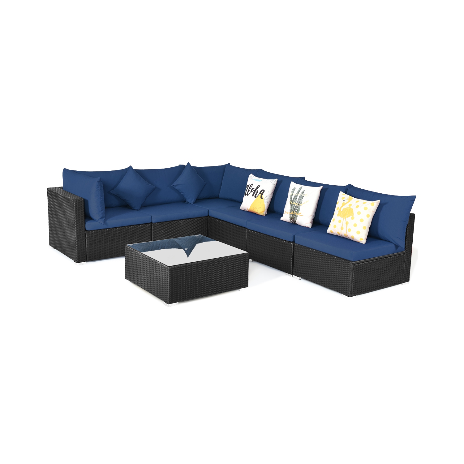 Costway 7-Piece Rattan Patio Sofa Sectional Set / Conversation Set with Glass Coffee Table - Blue