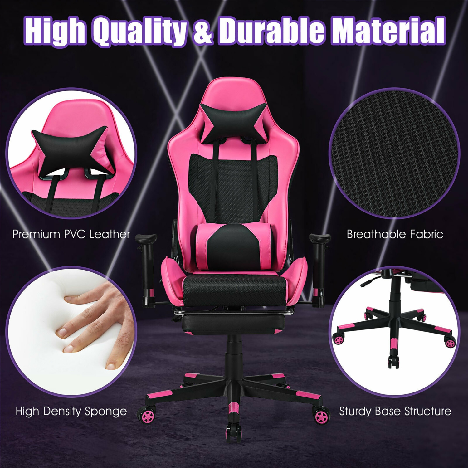 Costway Massage Gaming Chair Reclining Racing Office Computer Chair with Footrest Pink