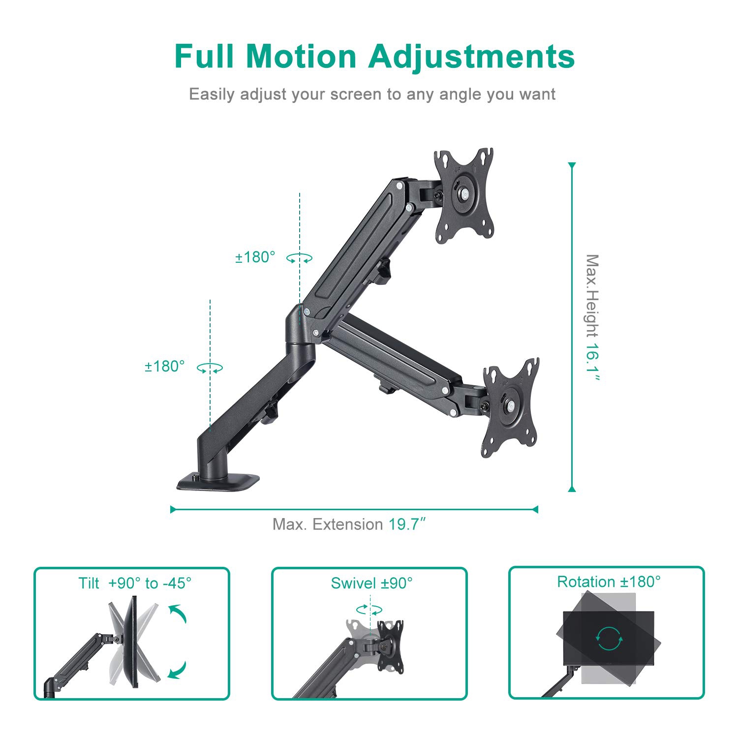 Support de bureau pour moniteur ACL à ressort à gaz simple d’Uplite avec bras articulé entièrement réglable pour 1 écran de 27 po et moins