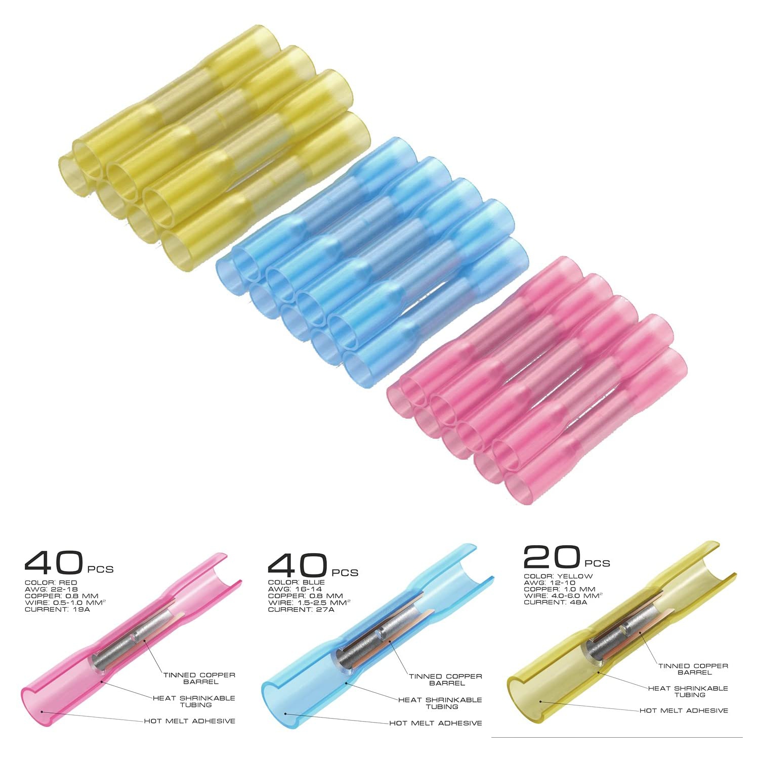 Ensemble de 100 connecteurs bout-à-bout thermorétractables, étanches, étanches et étanches, cosses à sertir pour fils électriques, calibre 10-22 AWG