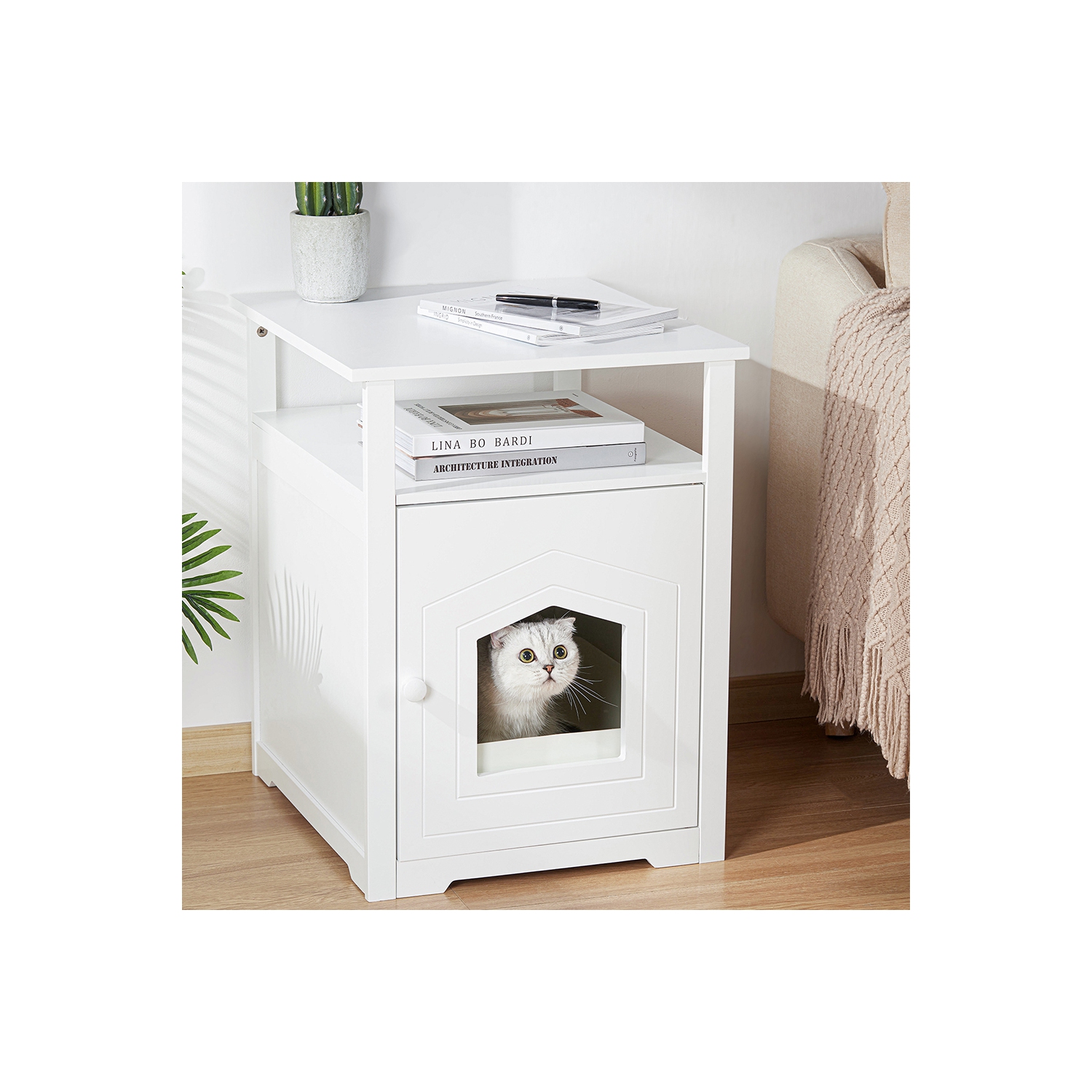 Meuble pour chats, table de chevet décorative Cat House, table de bout dissimulée, caisse intérieure pour animaux de compagnie avec table