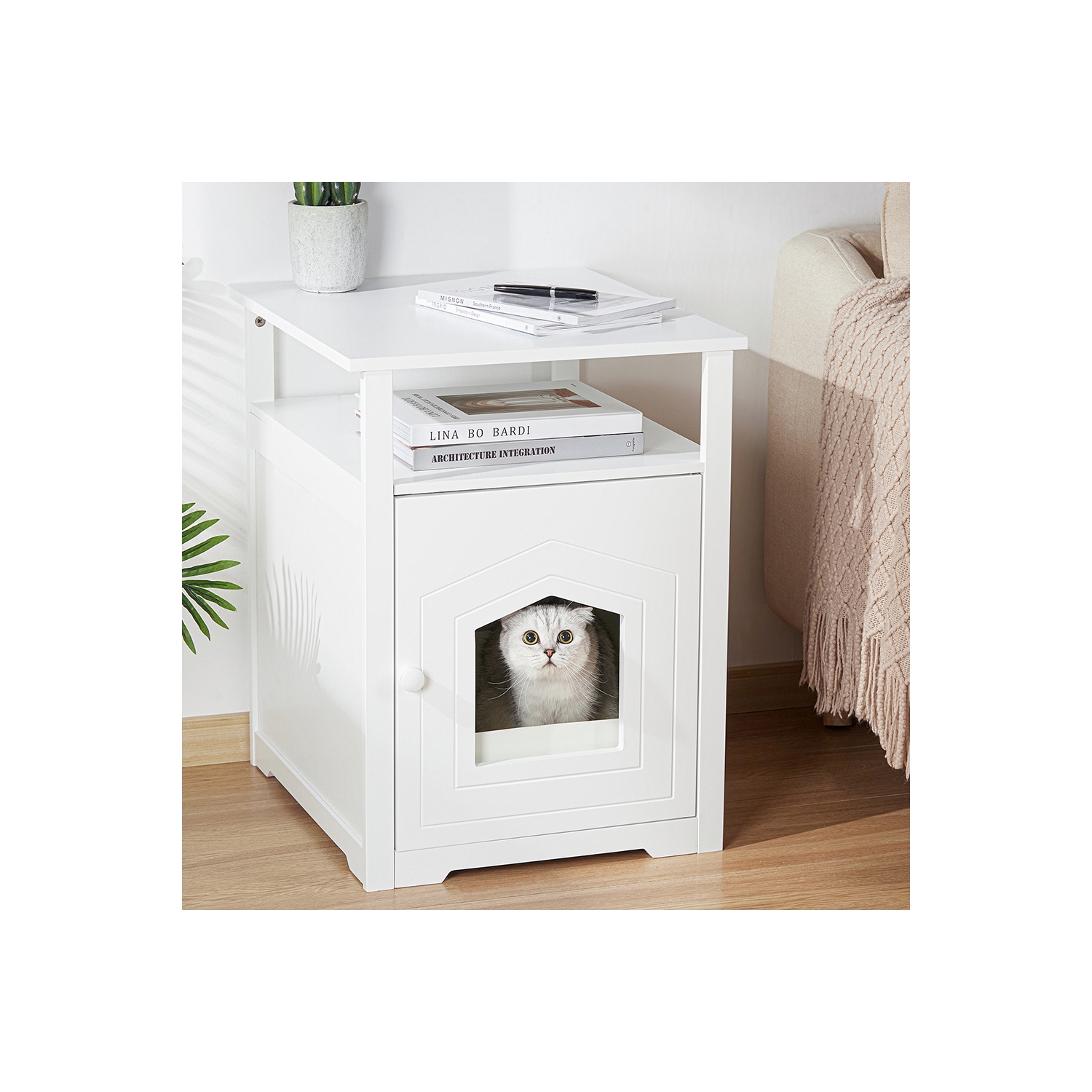Meuble pour chats, table de chevet décorative Cat House, table de bout dissimulée, caisse intérieure pour animaux de compagnie avec table
