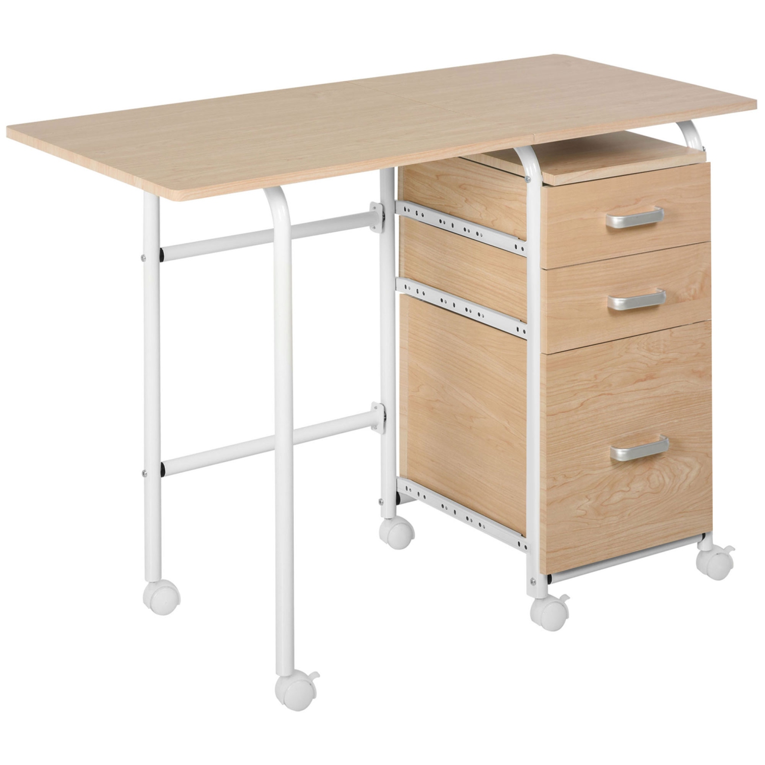 Bureau d’ordinateur pliable avec tiroirs de HOMCOM, table d’étudiant de direction avec tablette de rangement, 6 roulettes pour le bureau à domicile
