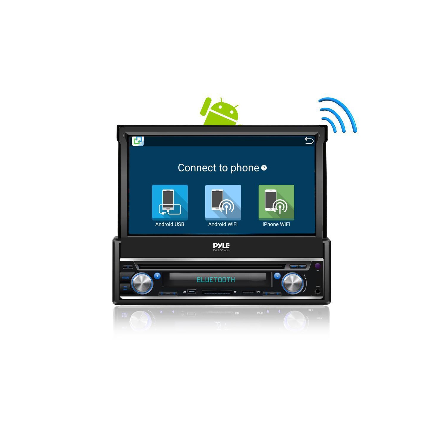 Système récepteur stéréo Android simple DIN avec écran tactile escamotable, navigation GPS, diffusion Bluetooth et Wi-Fi Pyle