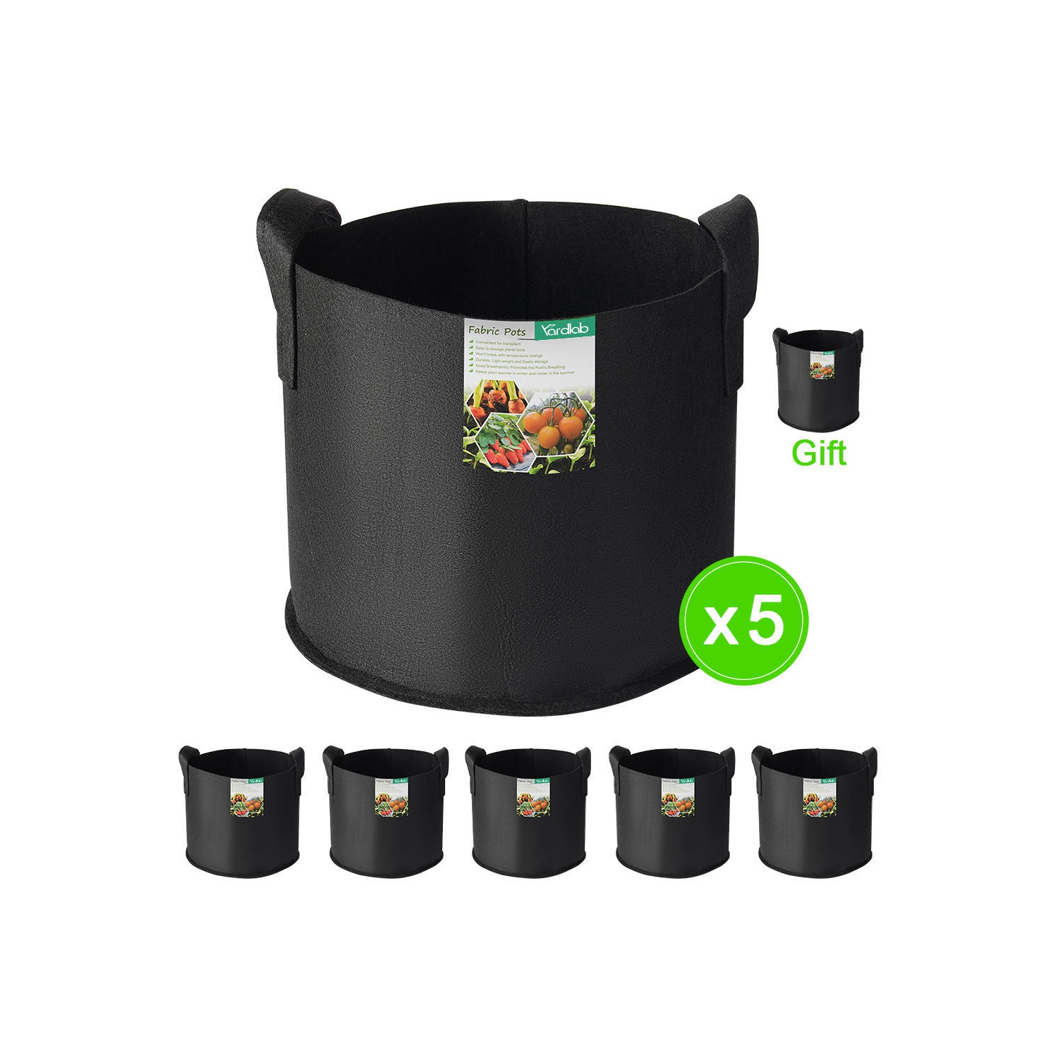 Paquet de 5 sacs de culture de 5 gallons avec poignées pour pots d'aération en tissu pour plante végétale, comprend 1 sac Smart Grow de 3 gallons