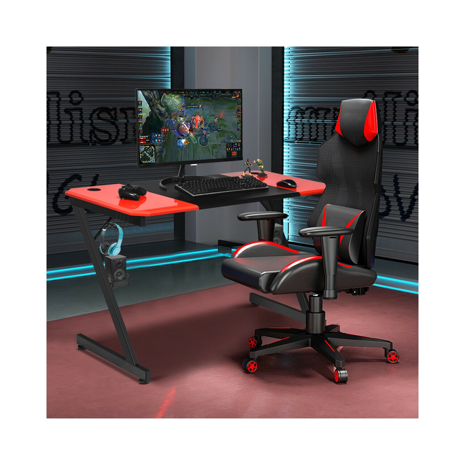 Gymax 47 inch Gaming Desk Z Shape Computer Desk w/ Storage for Cup Headphone Speaker