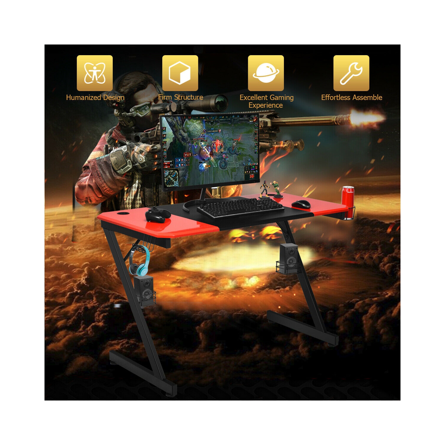 Gymax 47 inch Gaming Desk Z Shape Computer Desk w/ Storage for Cup Headphone Speaker