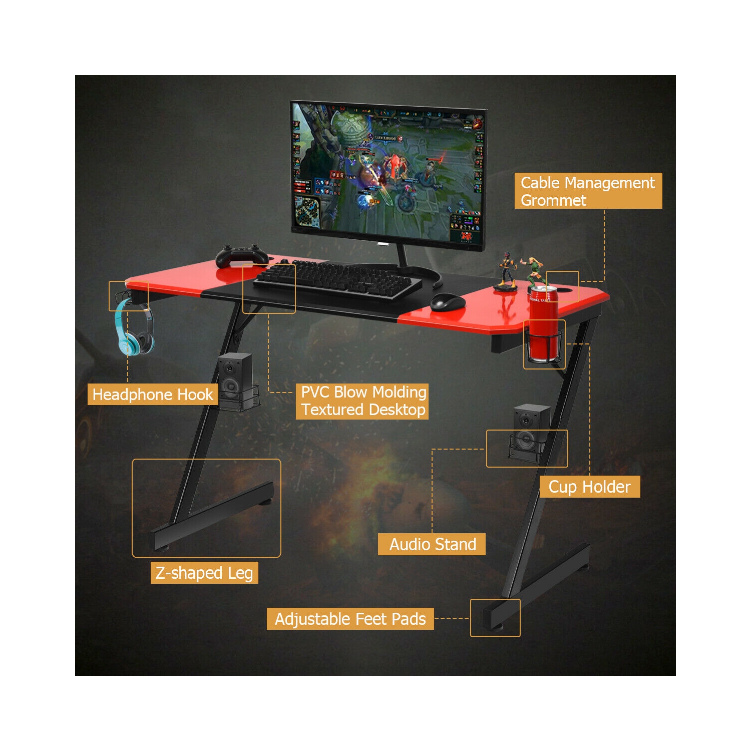 Gymax 47 inch Gaming Desk Z Shape Computer Desk w/ Storage for Cup Headphone Speaker