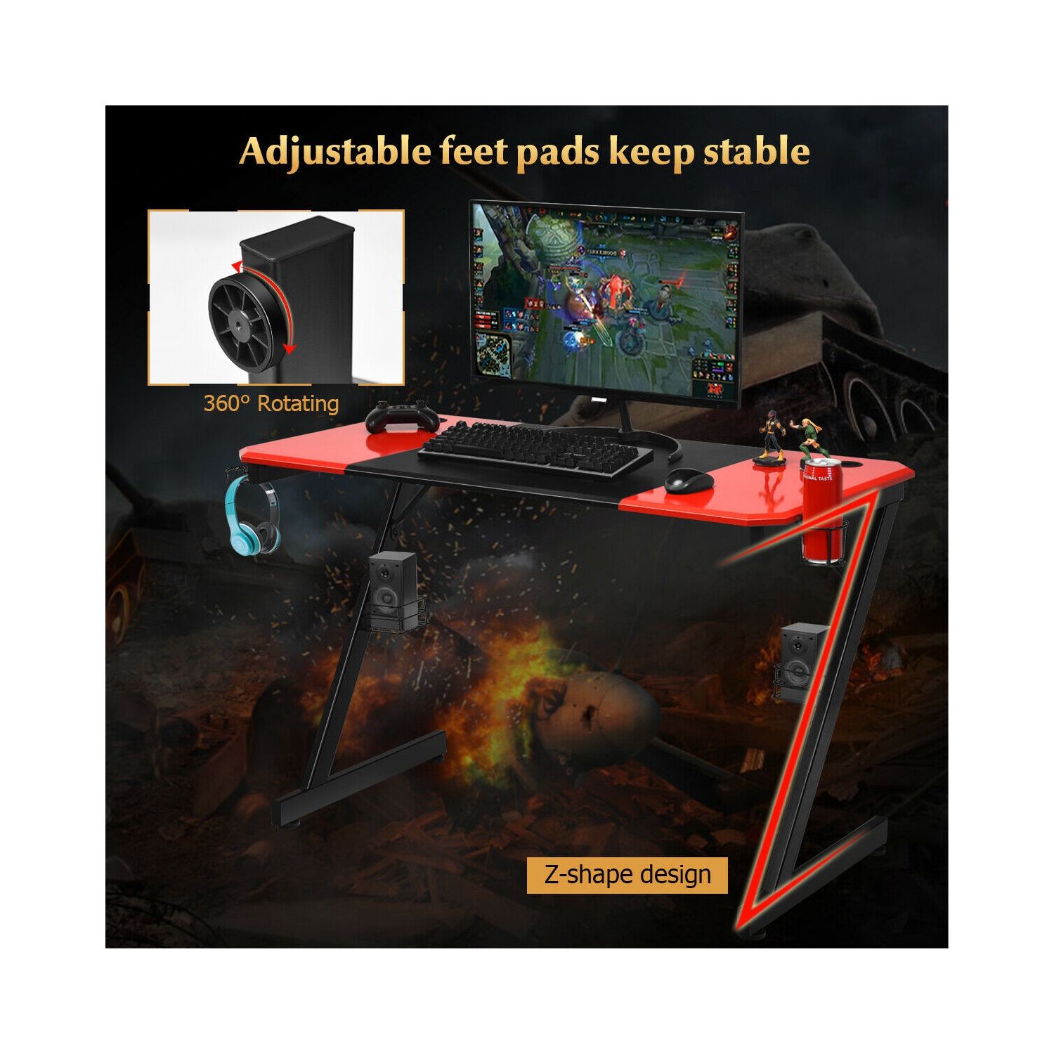 Gymax 47 inch Gaming Desk Z Shape Computer Desk w/ Storage for Cup Headphone Speaker