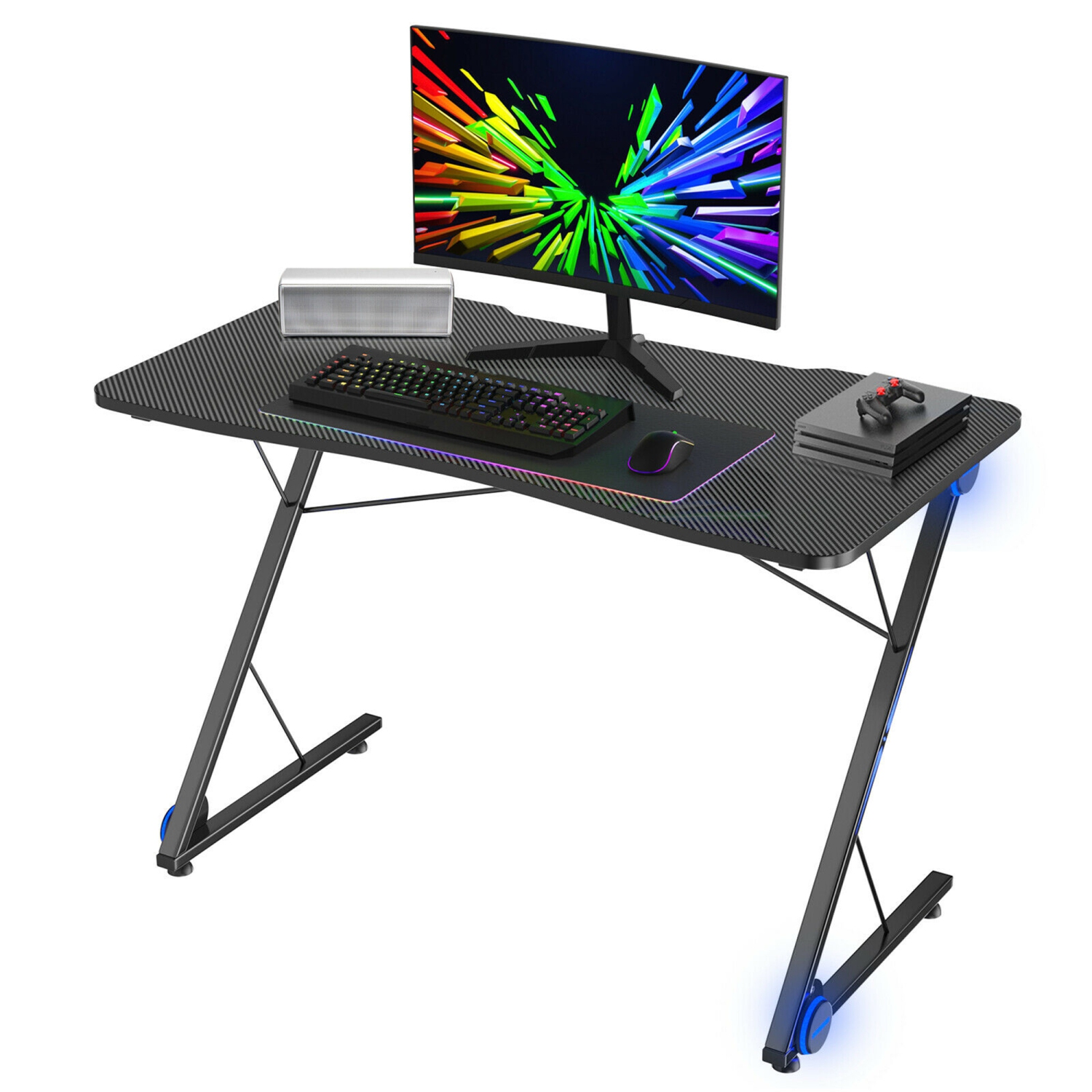 Gymax 43.5 inch Gaming Desk Z Shape Office PC Computer Desk Gamer Tables w/ LED Lights
