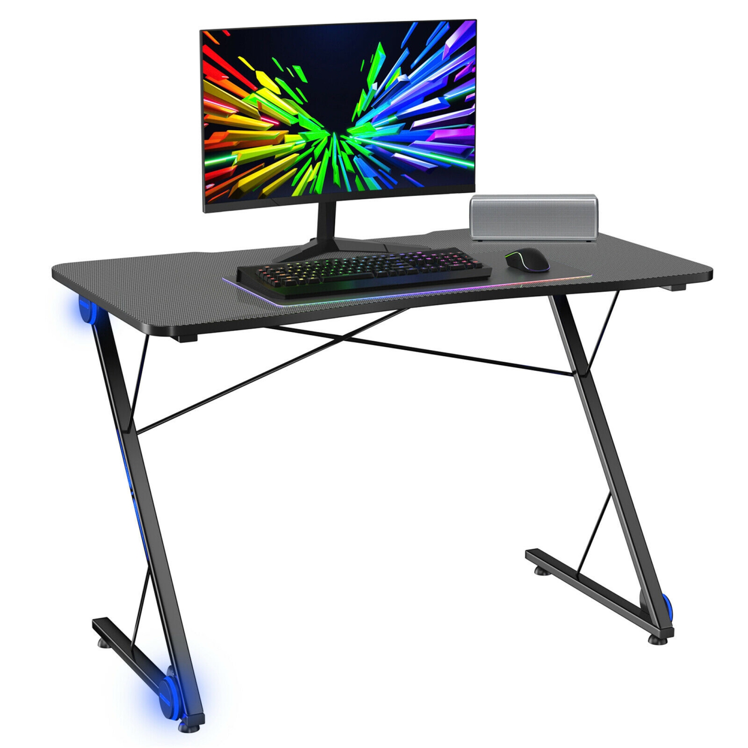 Gymax 43.5 inch Gaming Desk Z Shape Office PC Computer Desk Gamer Tables w/ LED Lights