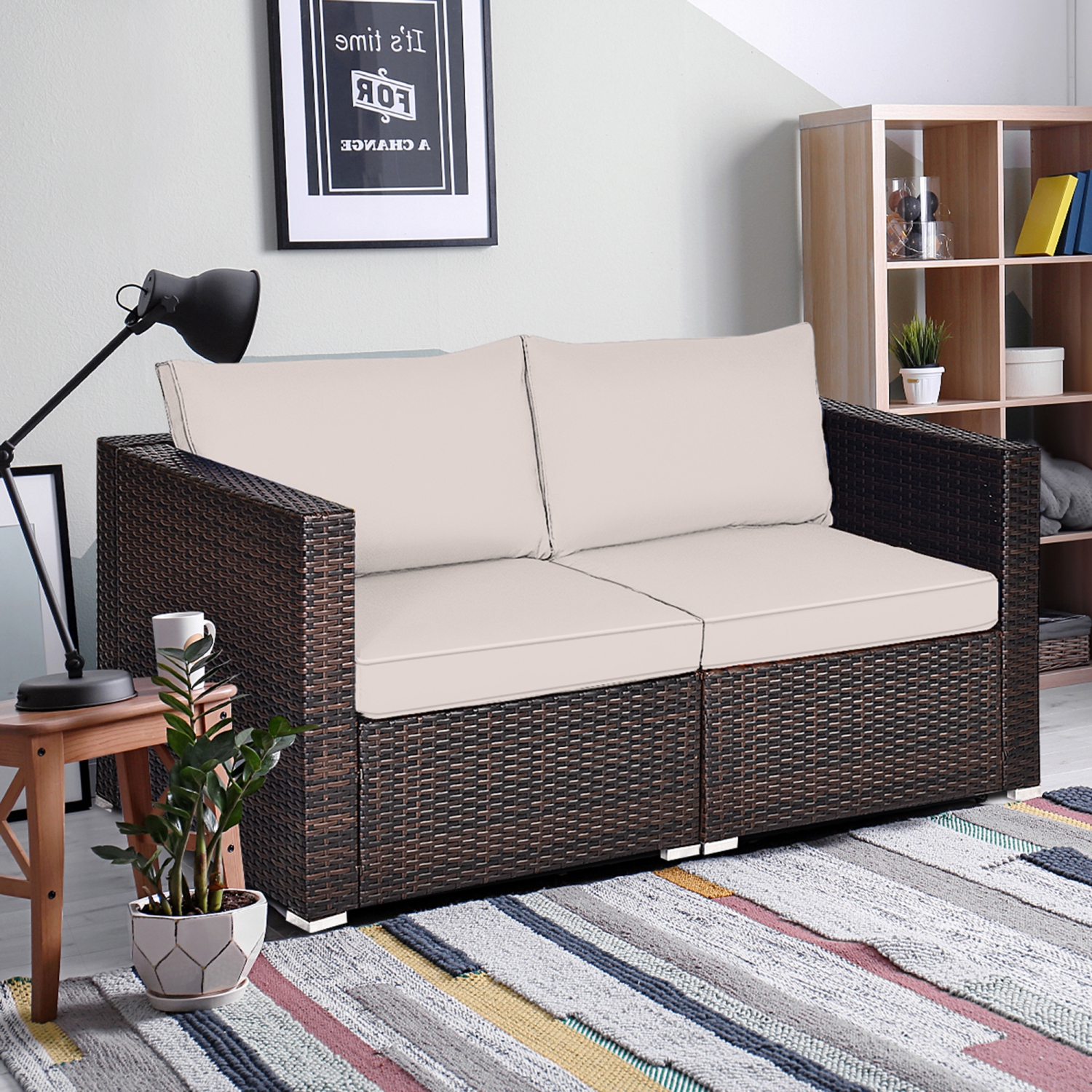 Gymax 2PCS Rattan Corner Sofa Set Patio Outdoor Furniture Set w/ 4 Beige Cushions