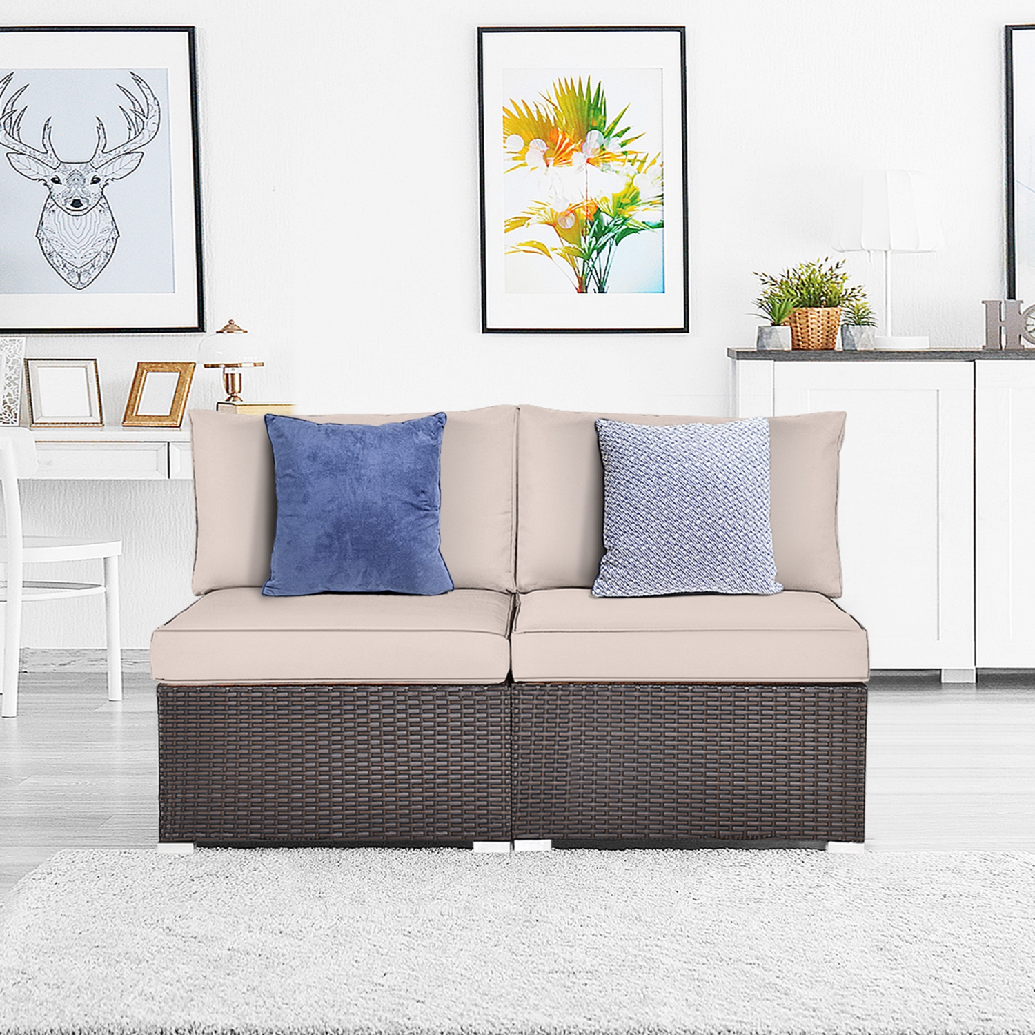 Gymax 2PCS Patio Sectional Armless Sofas Outdoor Rattan Furniture Set w/ Cushions