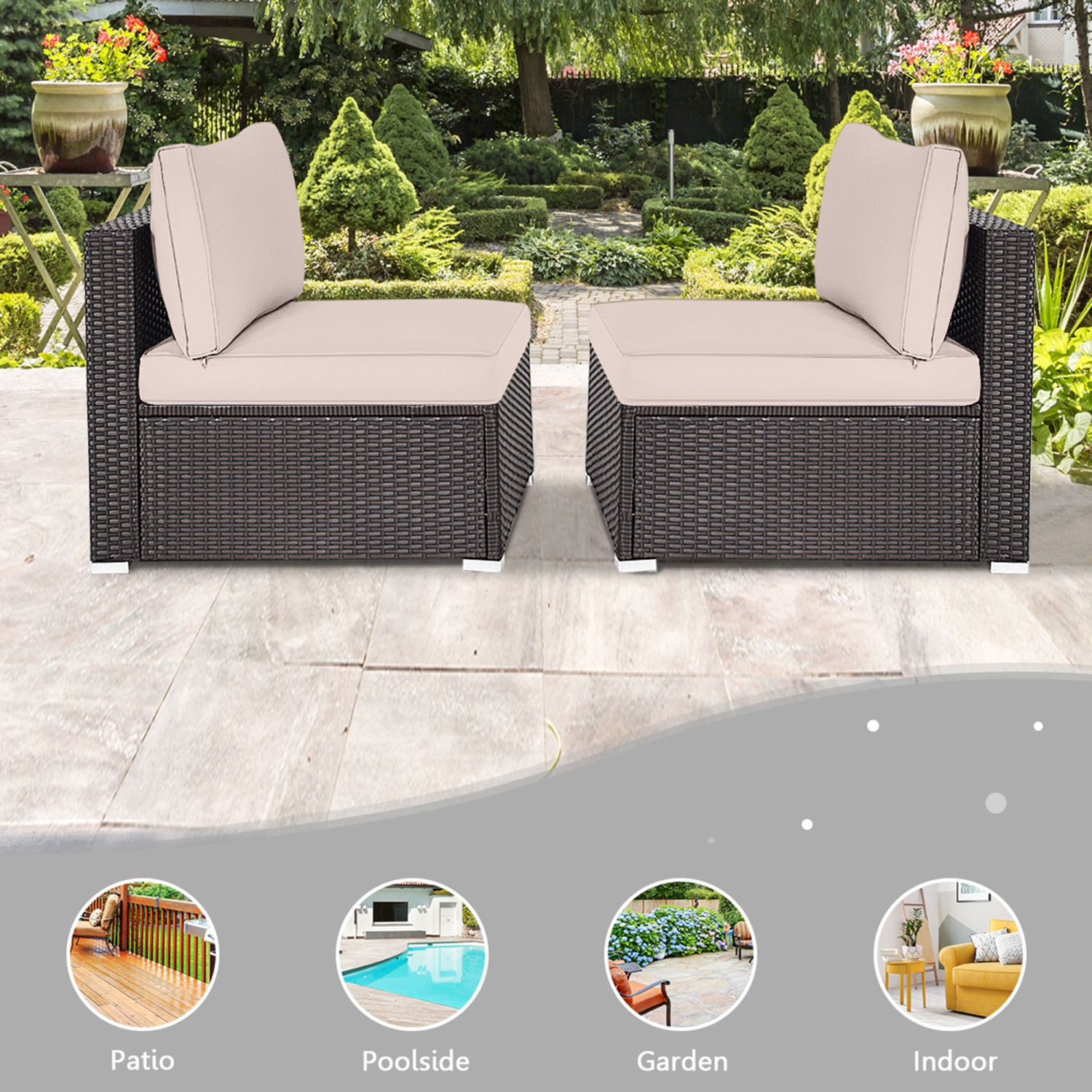 Gymax 2PCS Patio Sectional Armless Sofas Outdoor Rattan Furniture Set w/ Cushions
