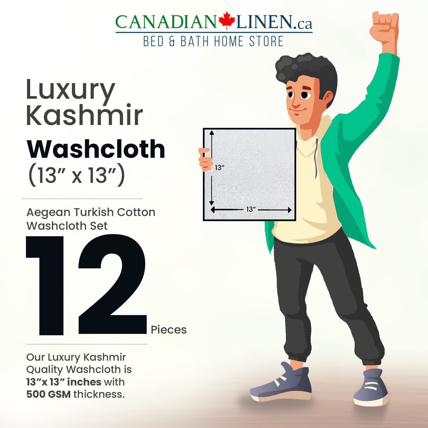 Canadian Linen Luxury – Ensemble de 12 serviettes de bain blanches, 13 x x13 po doux absorbant 500&nbsp;GSM débarbouillettes en coton essuie-tout à