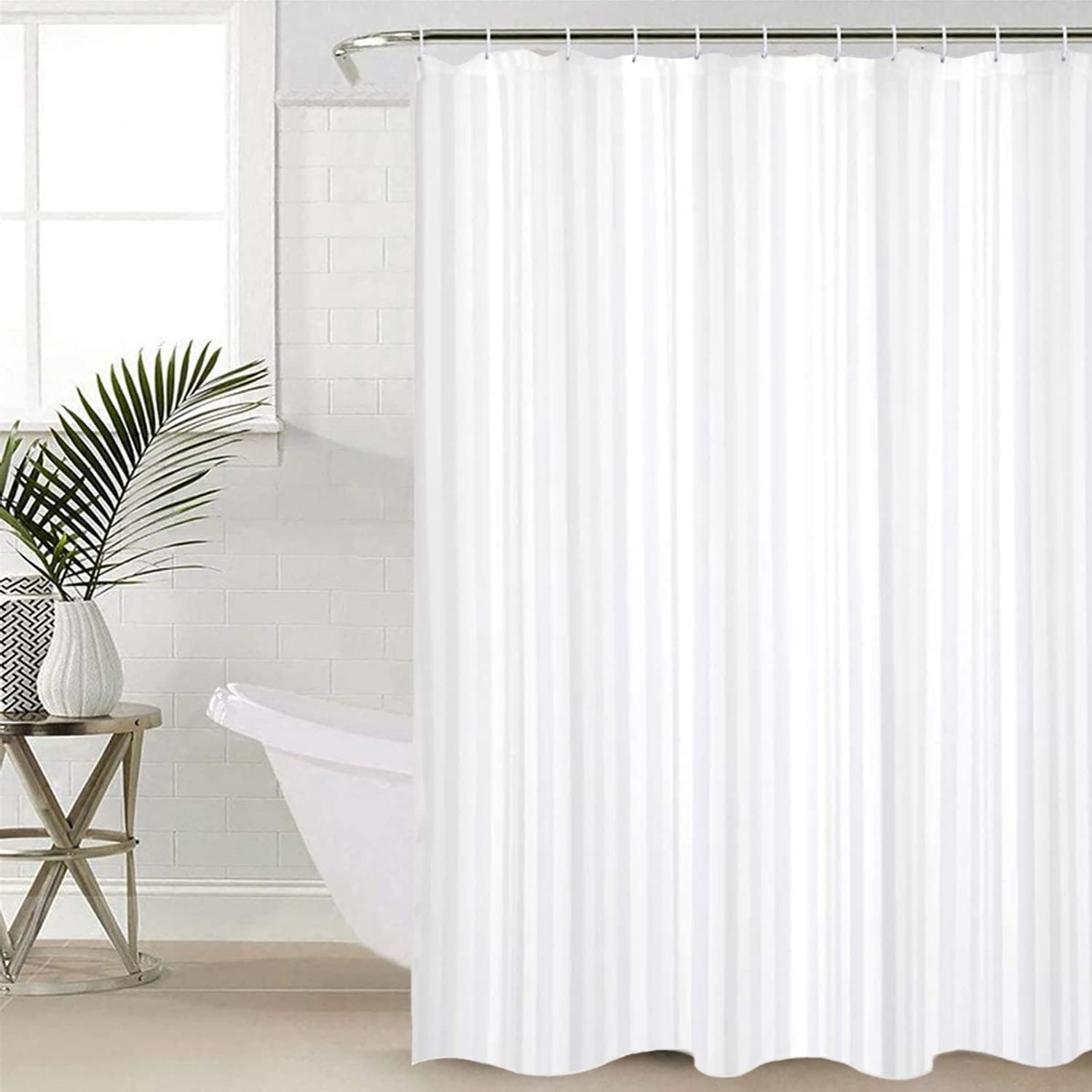 Canadian Linen Shower Curtains with Hooks 72"x72", Mildew Water Resistant Polyester Bathtub C-Clip Magnet Bottom Bath Shower Curtains, White Stripes