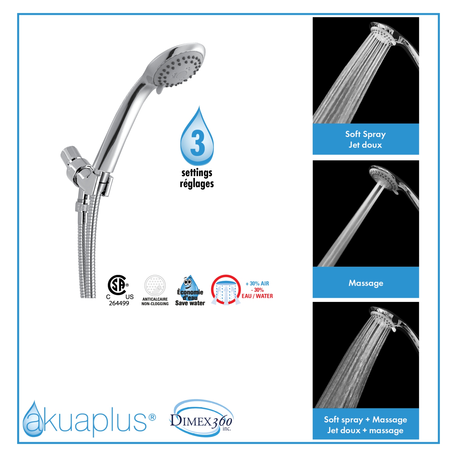Akuaplus® Hand Shower kit with 3 Settings - Chrome