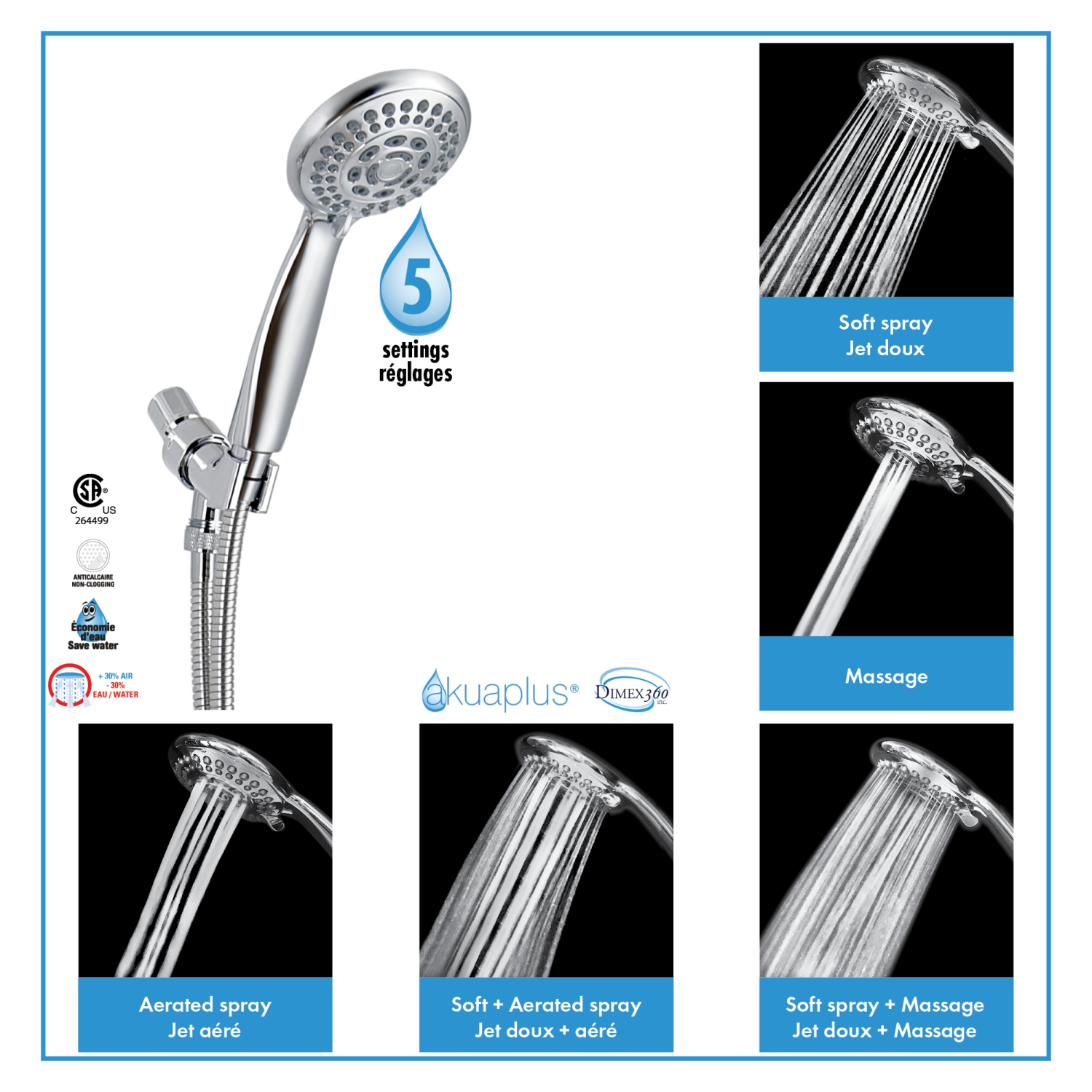 Akuaplus® Hand Shower kit with 5 Settings - Chrome