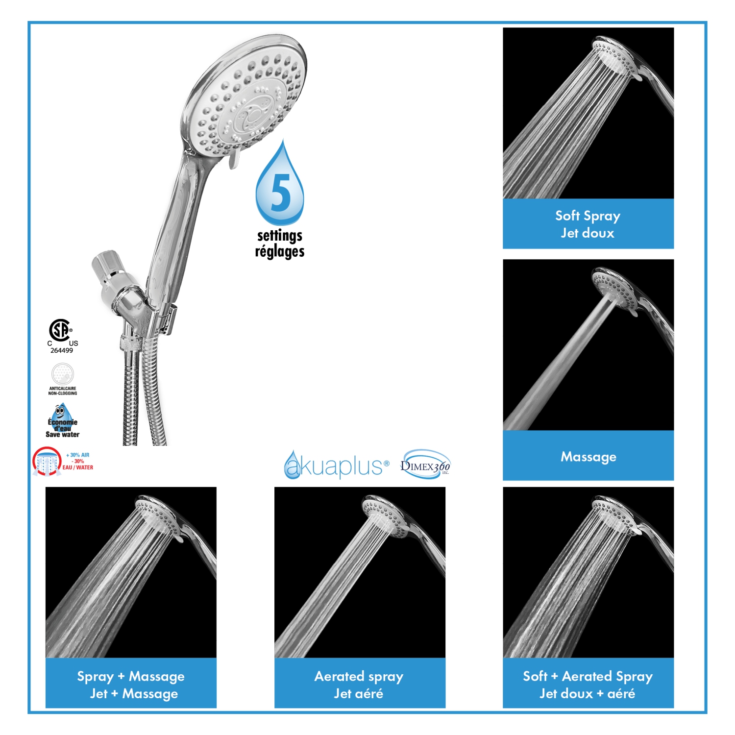 Ensemble de douche à main Akuaplus® avec 5 réglages - Chrome