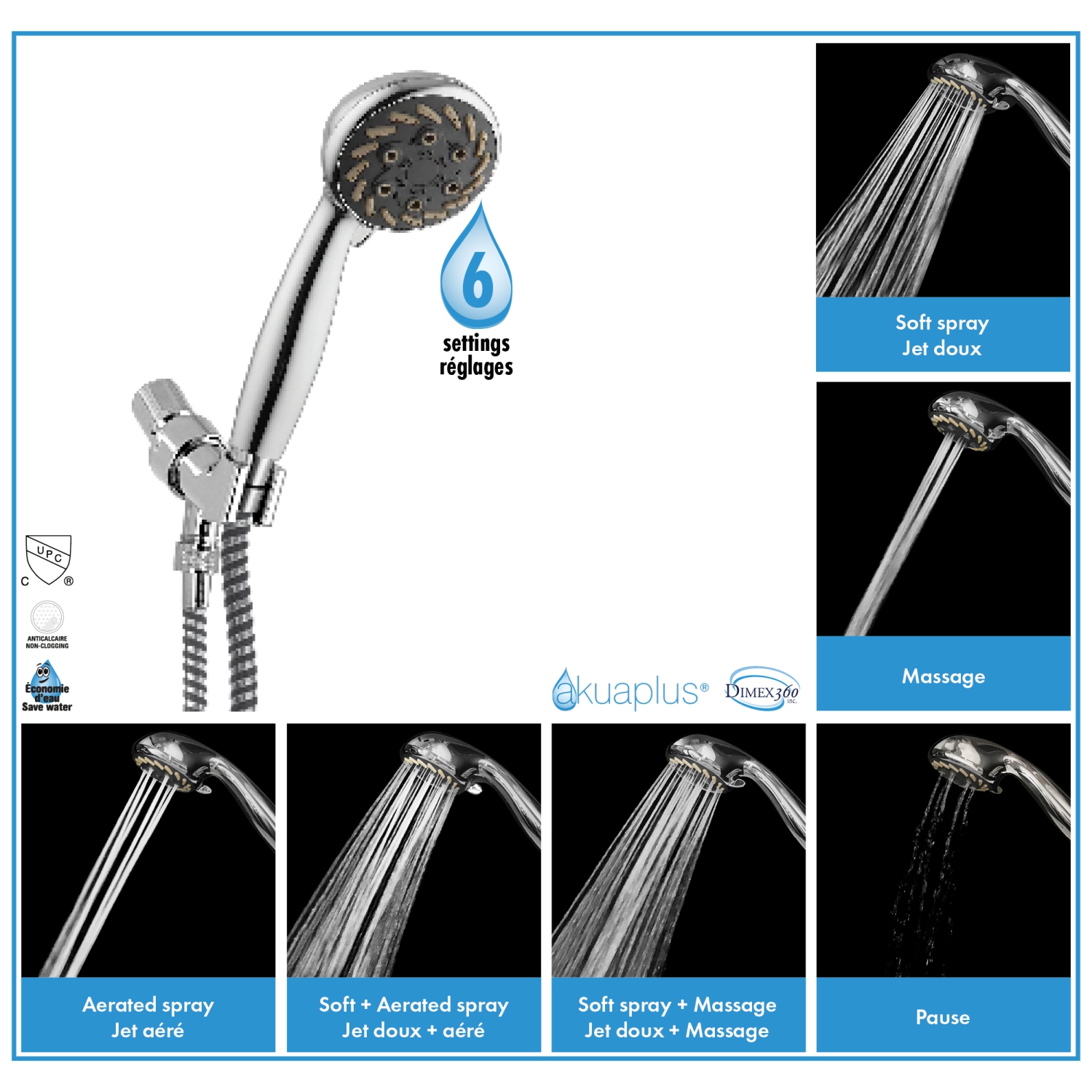 Ensemble de douche à main Akuaplus® avec 6 réglages - Chrome