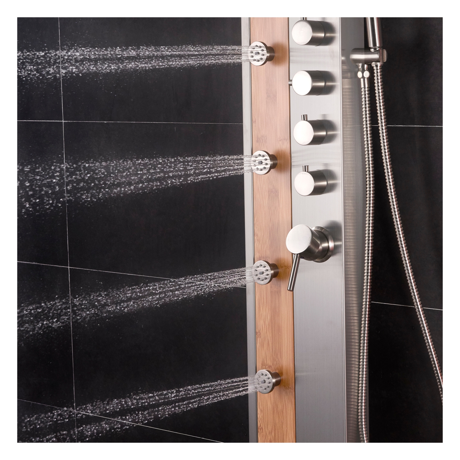 Panneau de douche Akuaplus® Nadia - Nickel brossé et bambou