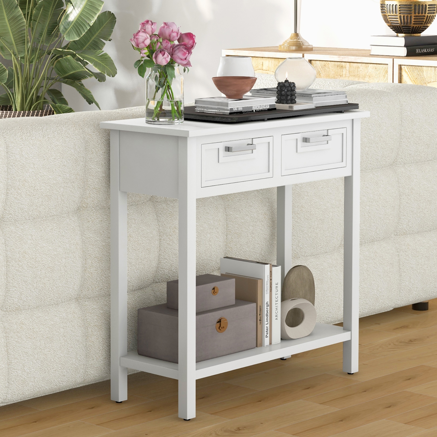 Gymax Narrow Console Table with Drawers Retro Accent Sofa Table w/ Open Storage White