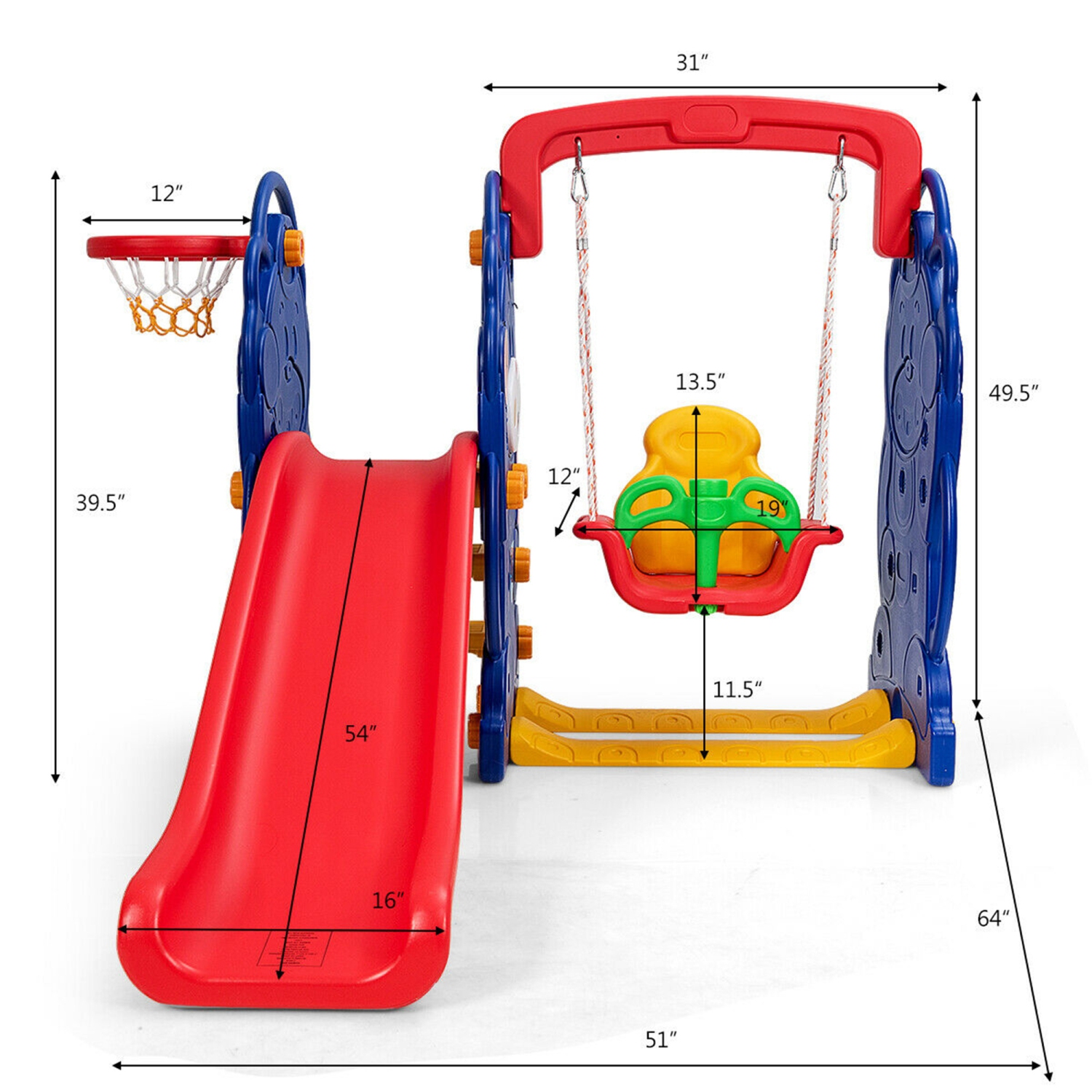 Gymax 3 in 1 Toddler Climber and Swing Set Kid Climber Slide Playset w/Basketball Hoop