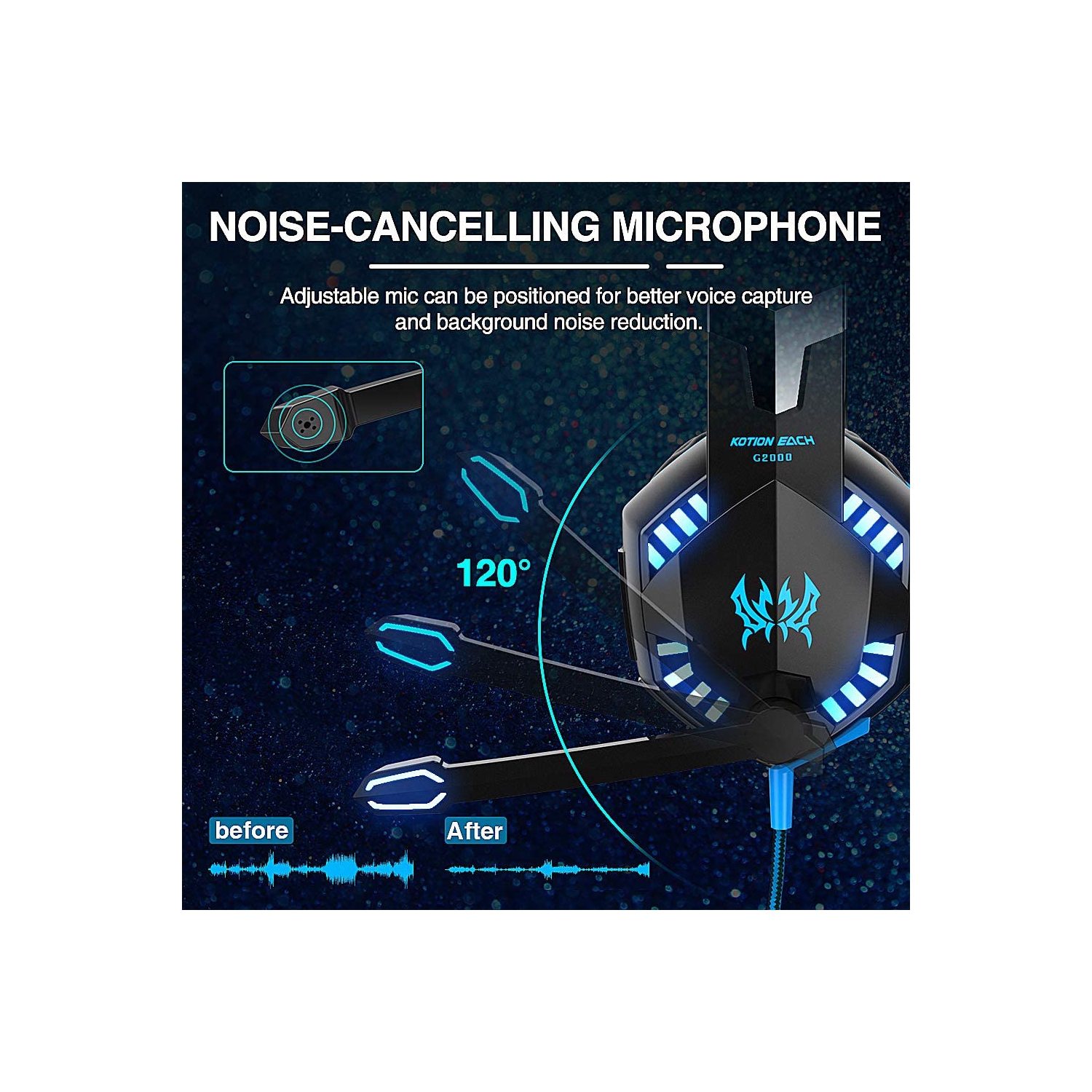 Gaming Headsett for PS4 Xbox One PC, G2000 Gaming Headphones with Mic, LED Lights, Noise Reduction for laptop-Blue