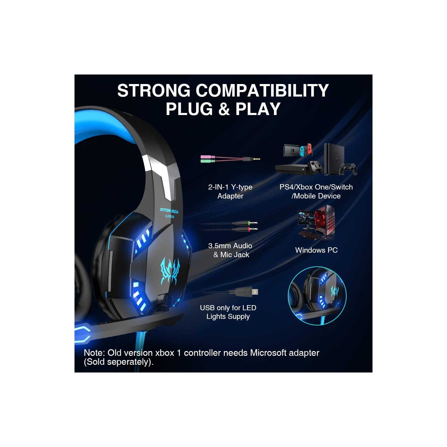 Gaming Headsett for PS4 Xbox One PC, G2000 Gaming Headphones with Mic, LED Lights, Noise Reduction for laptop-Blue