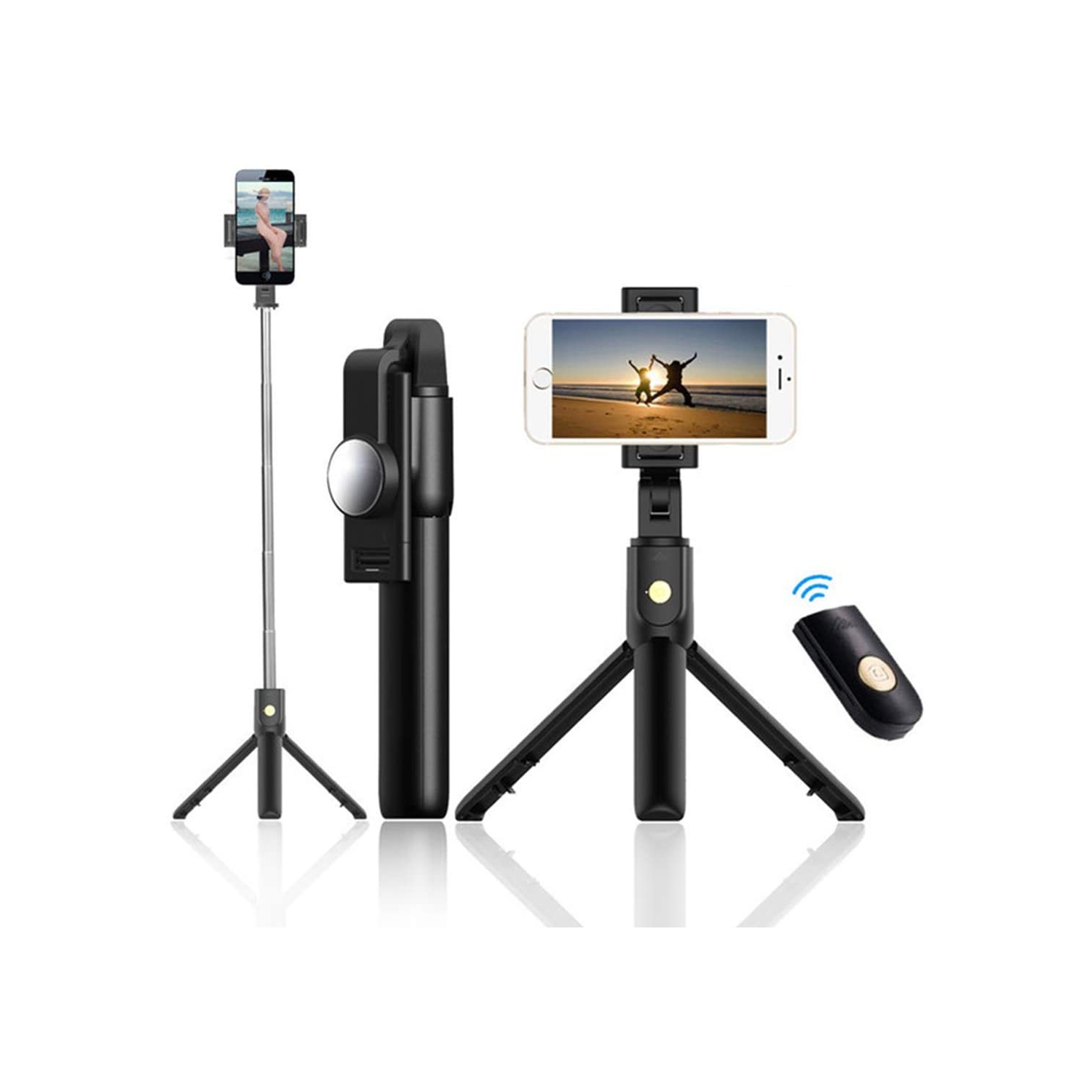 Selfie Stick Tripod, Adjustable Extendable Phone Tripod Stand with Phone Mount & Wireless Remote, Fits iPhone Android